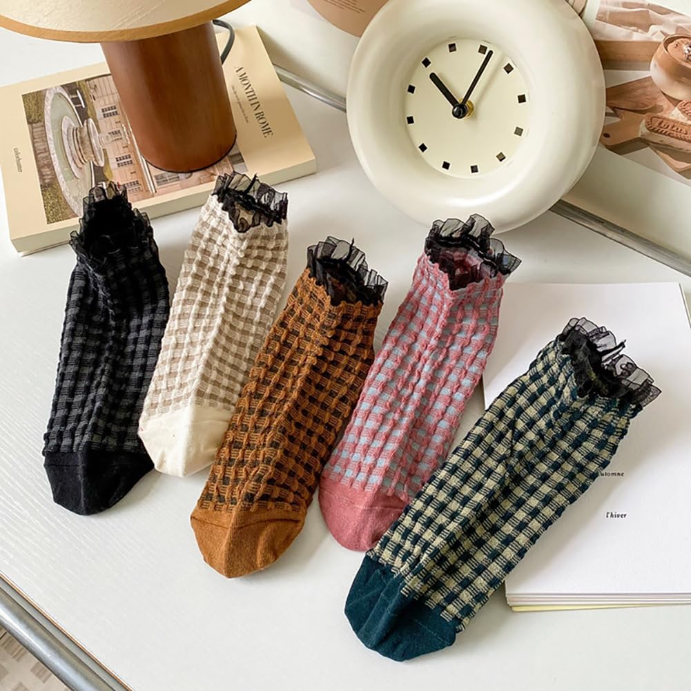 5Pcs Ruffle Striped Frilly Socks Cute Checkered Ankle Sock for Women Lace No Show Socks Womens Cotton Knit Casual Crew Sock Size 5-9