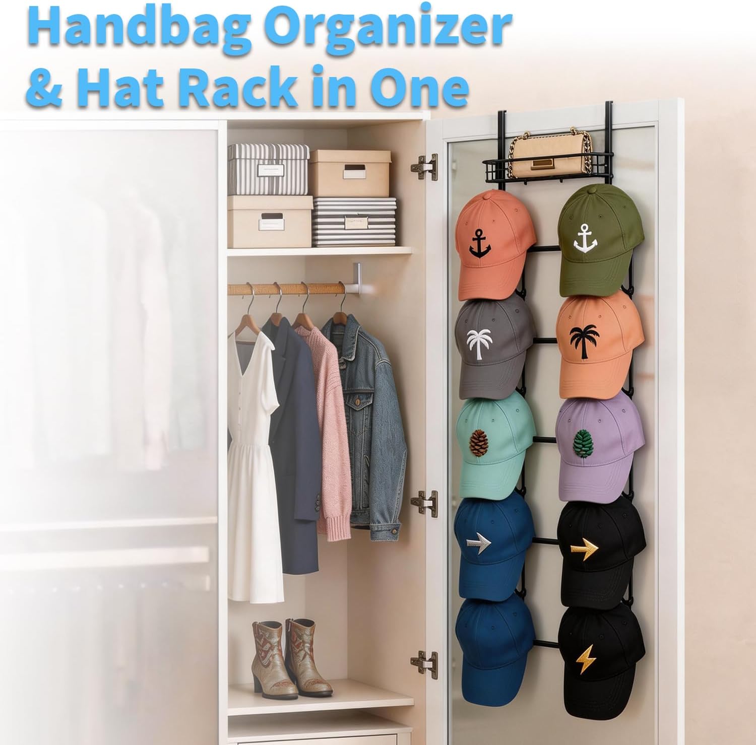 Over The Door Purse Organizer, Handbag Organizer Wall Mounted Purse Rack with 16 Hooks & Metal Basket, Hanging Handbag organizer Holds 16 Bags, 2 in 1 Dual Use for Door & Closet