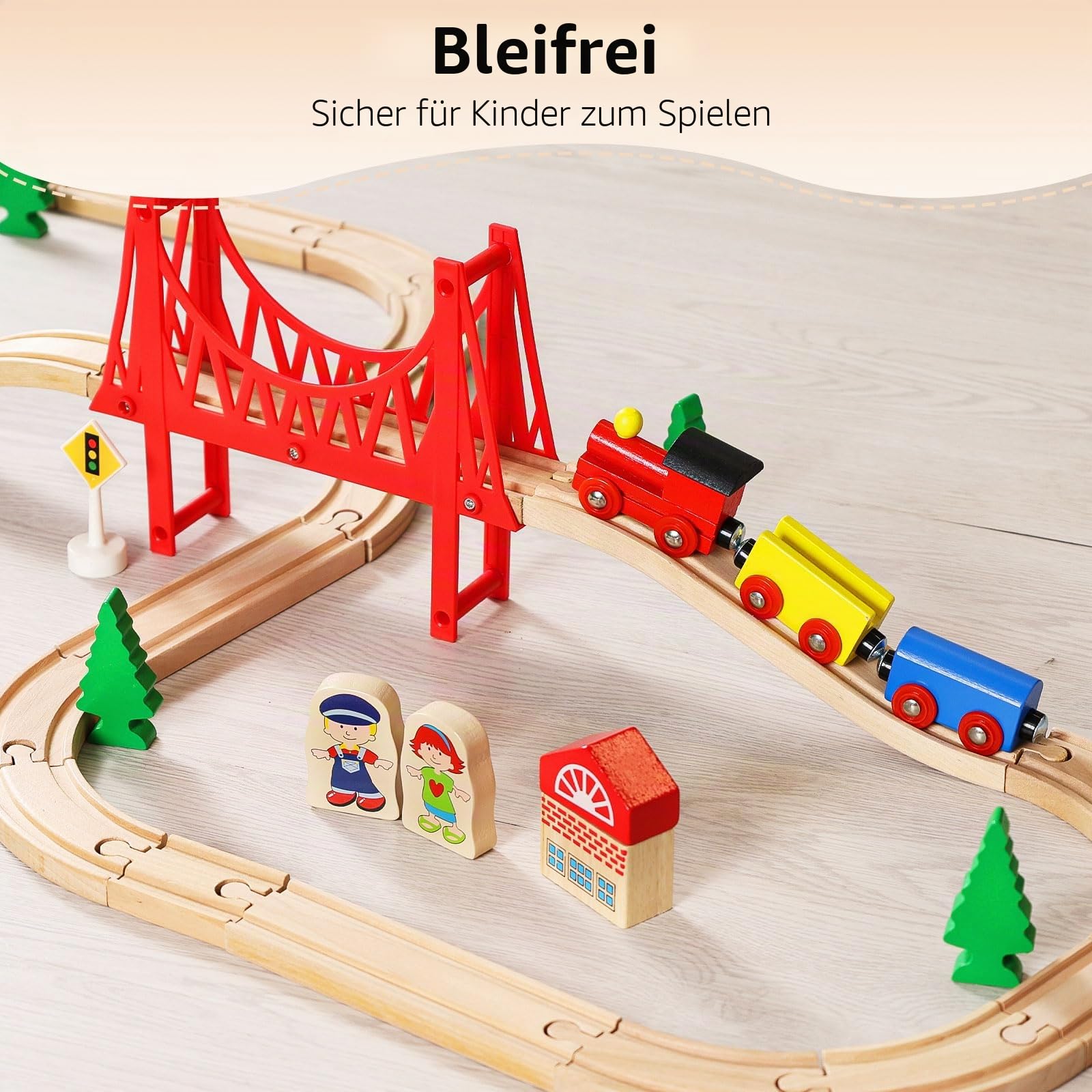 SainSmart Jr. Holzeisenbahn Set 37 Teile, Eisenbahn Starterset für Kinder ab 3 Jahren, kompatibel mit Thomas, Brio & Eichhorn, Holz Zug Set mit Brücke & Zubehör