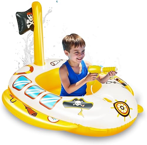 Inflatable Pool Floats Kids, Pirate Ship Pool Float with Water Gun, Pool Toys for Kids Ages 4-8, Pool Float Safety Seat Swimming Pool Games for Boys