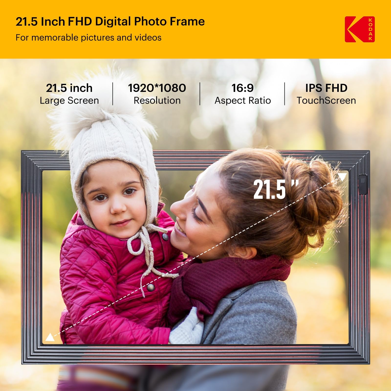 KODAK Cadre Photo Numérique Connecté WiFi, Cadre Numerique Photo Grand Format, 21.5 Pouces FHD IPS Écran, 32Go Mémoire, Partagez des Photos/Vidéos via App, Rotation Automatique, Détecteur de Mouvement