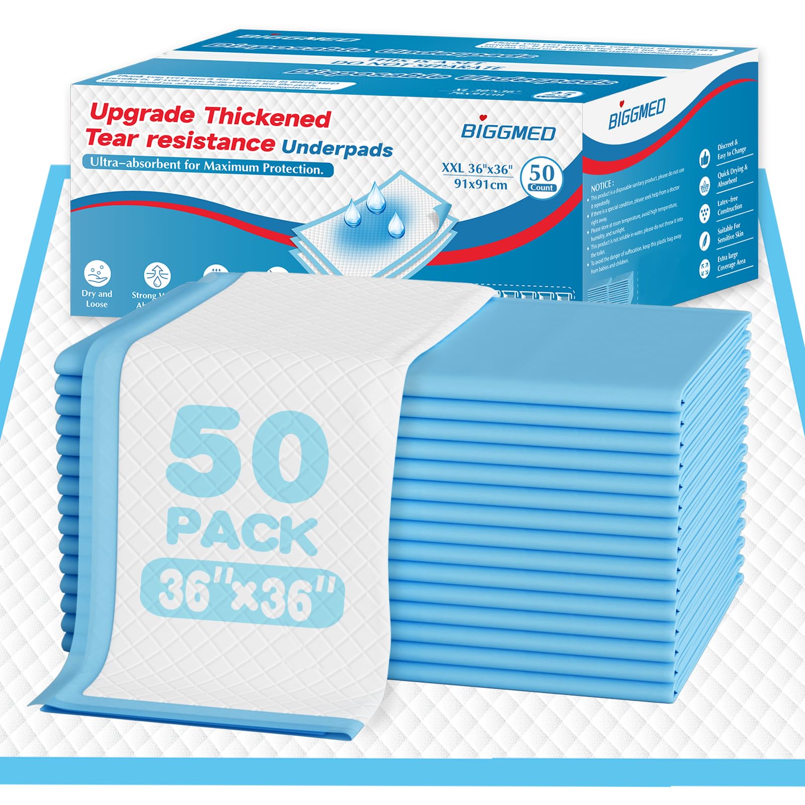 BIGGMED Tear-Resistant Disposable Bed Pads 36x36