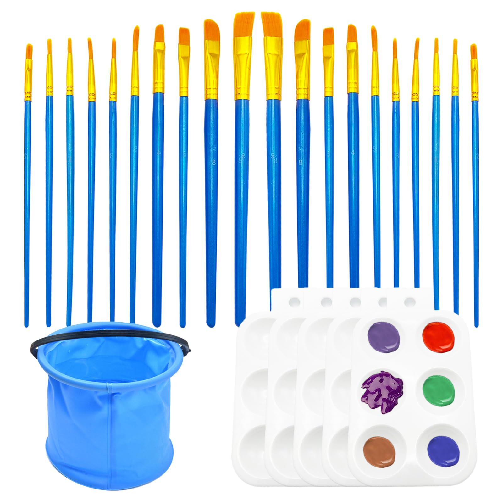 5PCS 6-Hole Paleta Pintura Acrilica, Rectángulos Paleta De Plástico, Niños Paint Tray Palette, Paleta De Plástico con 20 Pinceles Y 1 Juego De Cubos para Pintura Acrílica Pintura Al Óleo
