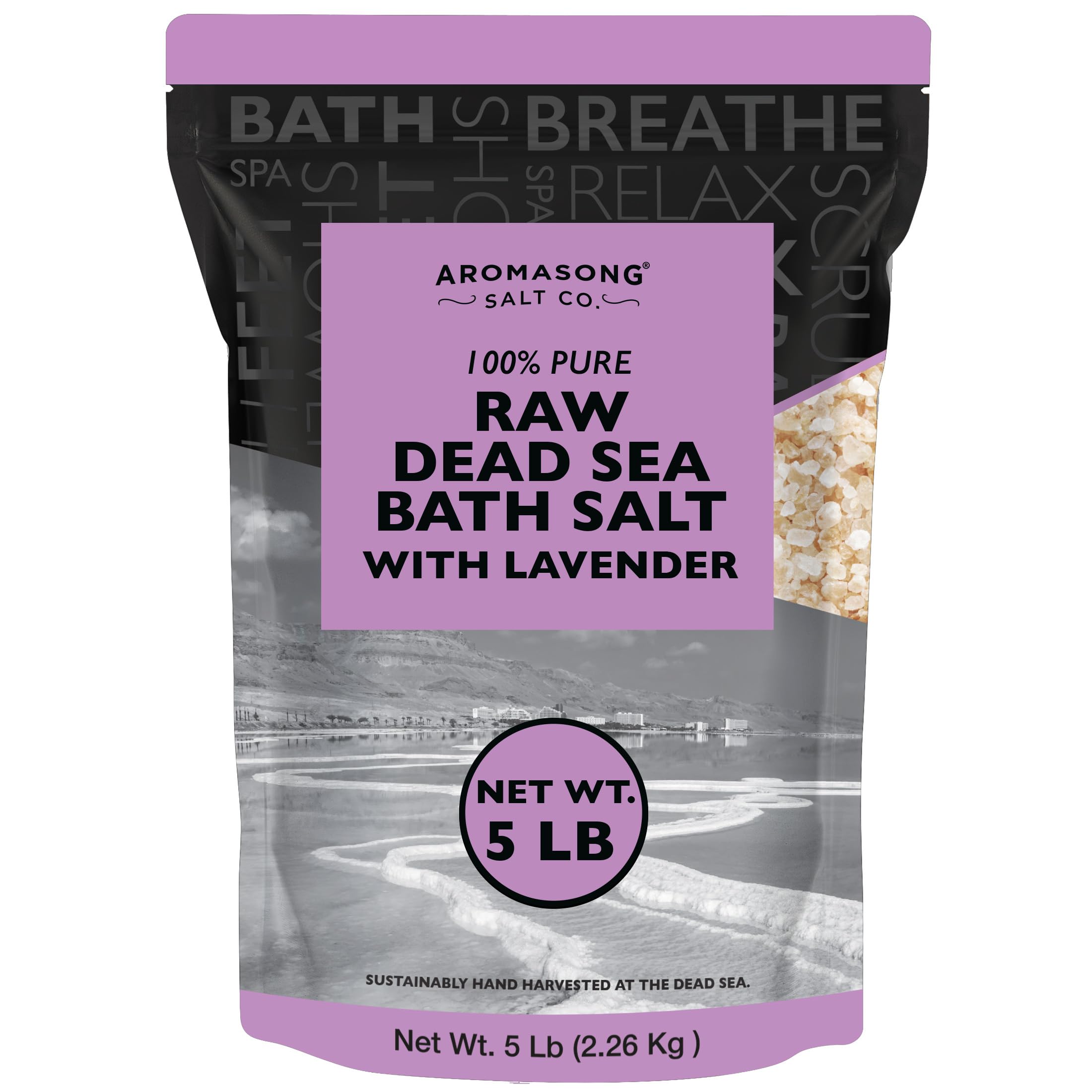 Aromasong Pure Raw Dead Sea Salt for Soaking with 100% Natural Lavender, 5 LB - Spa Bath Salt Fine Grain - Body Wash Scrub - Soak for Women & Men-
