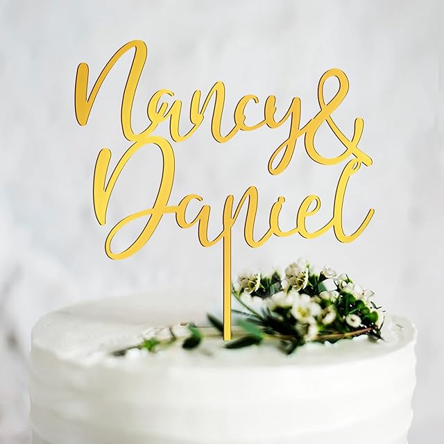 Personalised Wedding Cake Toppers Bride and Groom Anniversary Cake Toppers MR & MRS Wedding Cake Decorations Gold Acrylic Wedding Cake Toppers with Any Name(Gold, Name)