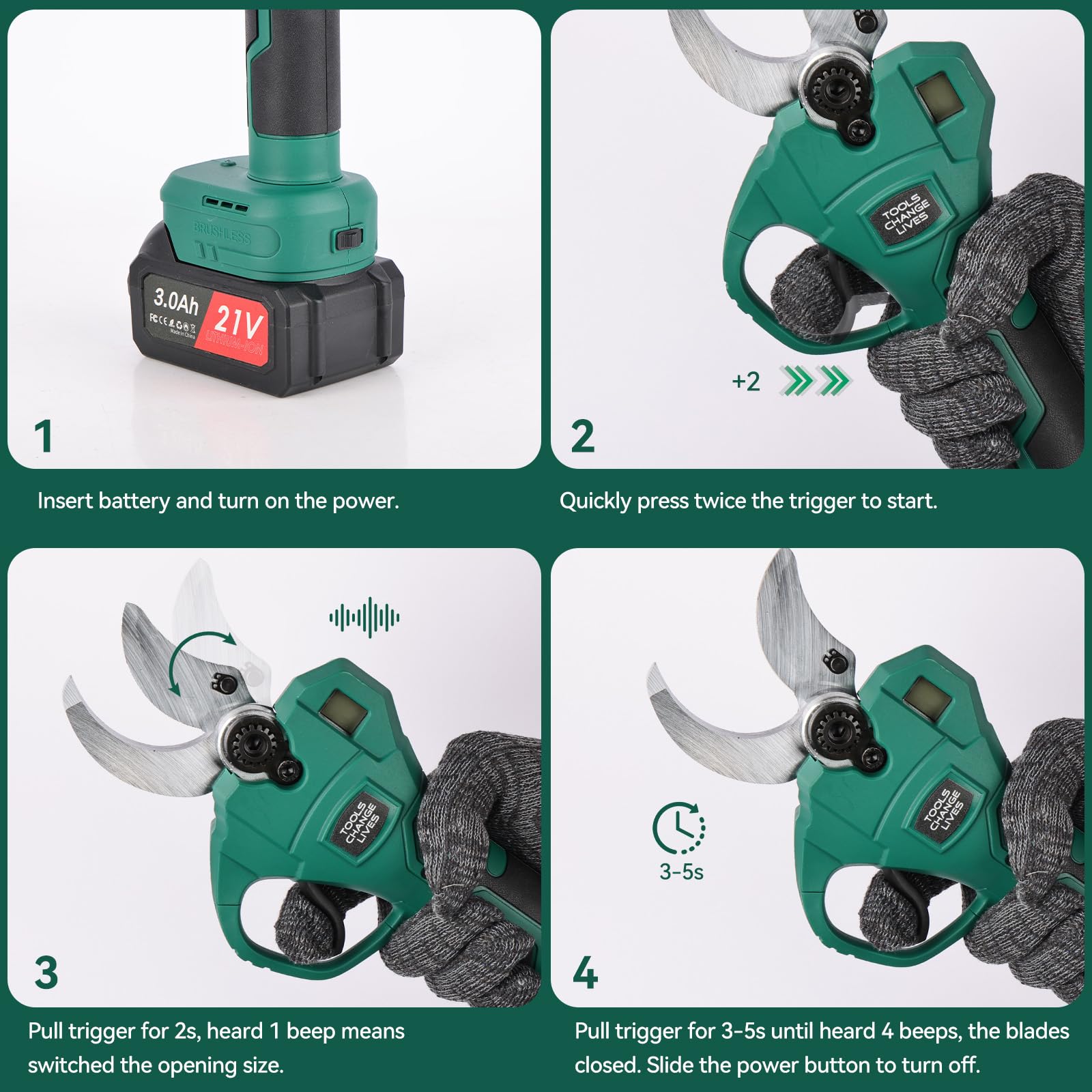 Tijeras de Podar Eléctricas 40mm con 2 Baterías 3.0Ah Cable de Extensión 1.4m Podadora de Batería Brushless para Olivos Viñedos y Ramas Altas | Tijeras eléctricas profesionales ligeras y pantalla LCD de corte progresivo para olivos viñedo y jardín