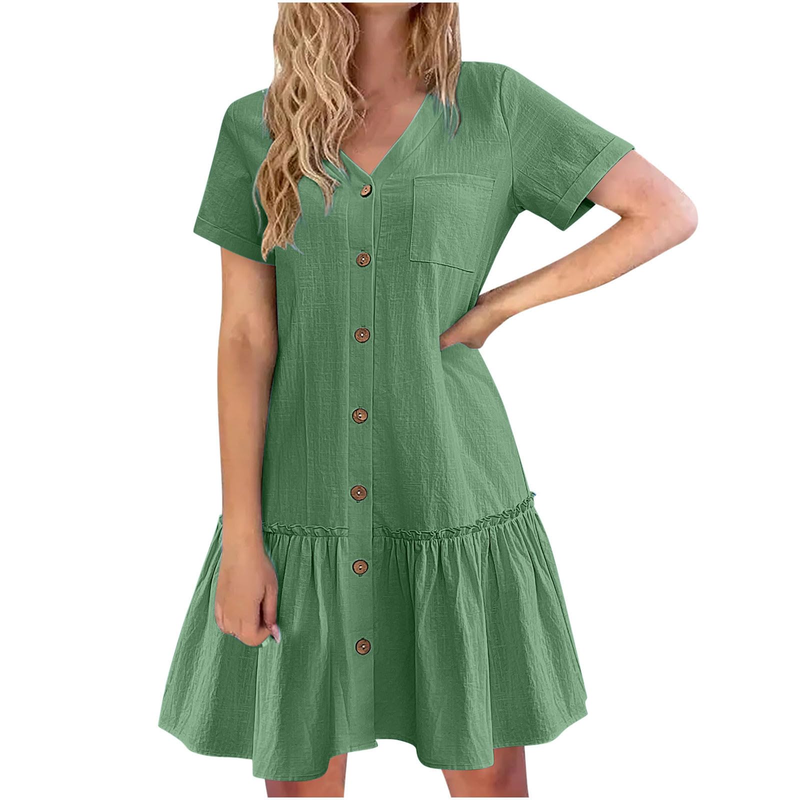 NUSGEAR Vestidos Corto Mujer Lino Vestidos 2024 Verano Basico Casual Vestidos Camisa Blusa Cuello en V Botones Vestidos Color sólido Elegante Manga Corta Vestido Plisada Cómodo Moda Playa Ligero