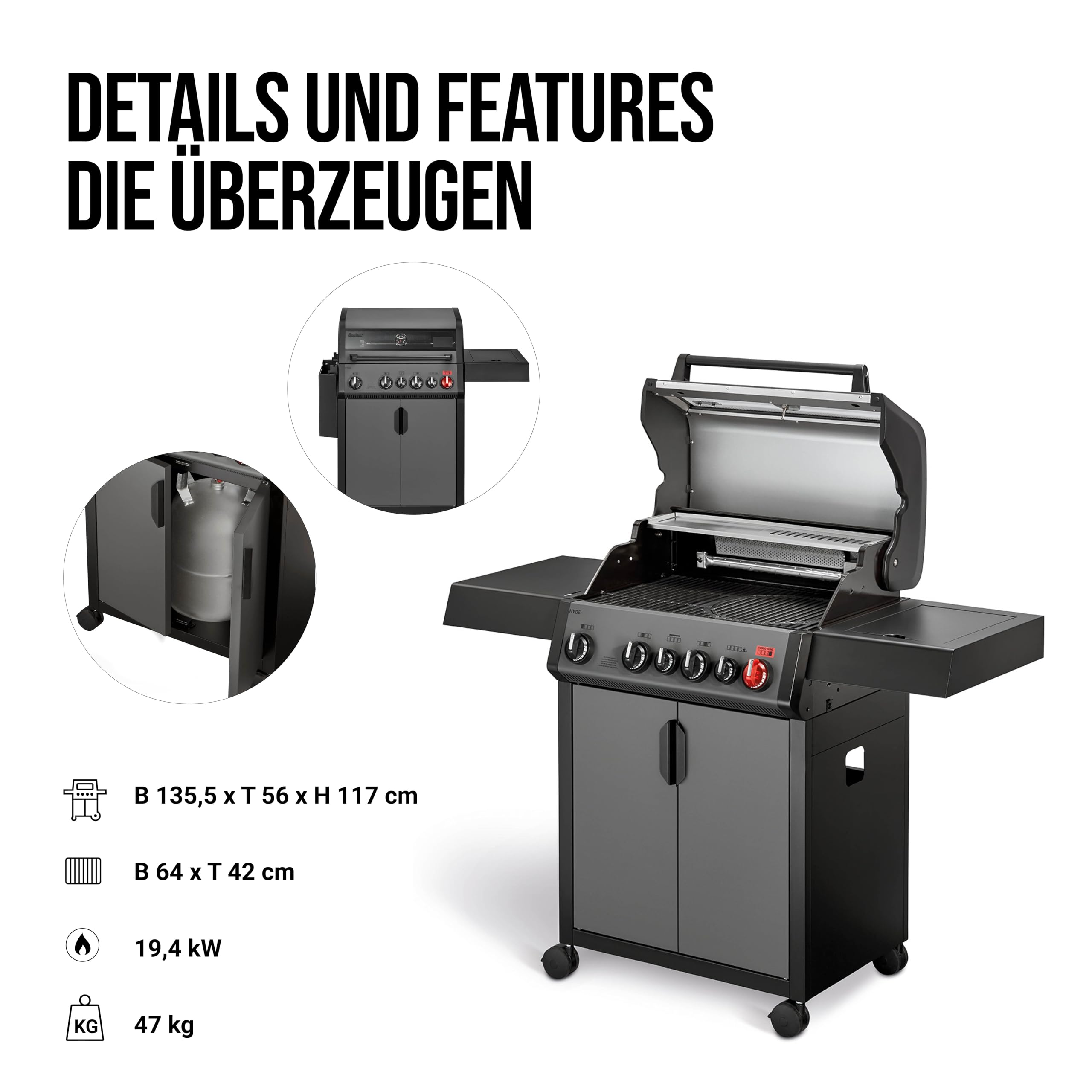 Enders® Gasgrill HYDE 4 SIKR Turbo, 4 Brenner aus Edelstahl für kraftvolles direktes und indirektes Grillen, 800 °C TURBO ZONE™, SWITCH GRID™, Infarot-Backburner und Seitenkocher, #8041