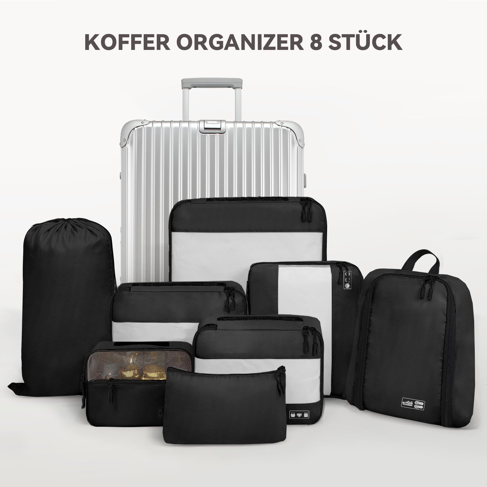 MURISE Organizer Valigia Salvaspazio, Organizer per Valigie 8 Pezzi per Viaggi e Vacanze, Packing Cubes con Borsa per Scarpe e Borsa per Cosmetici, Travel Essentials, Nero