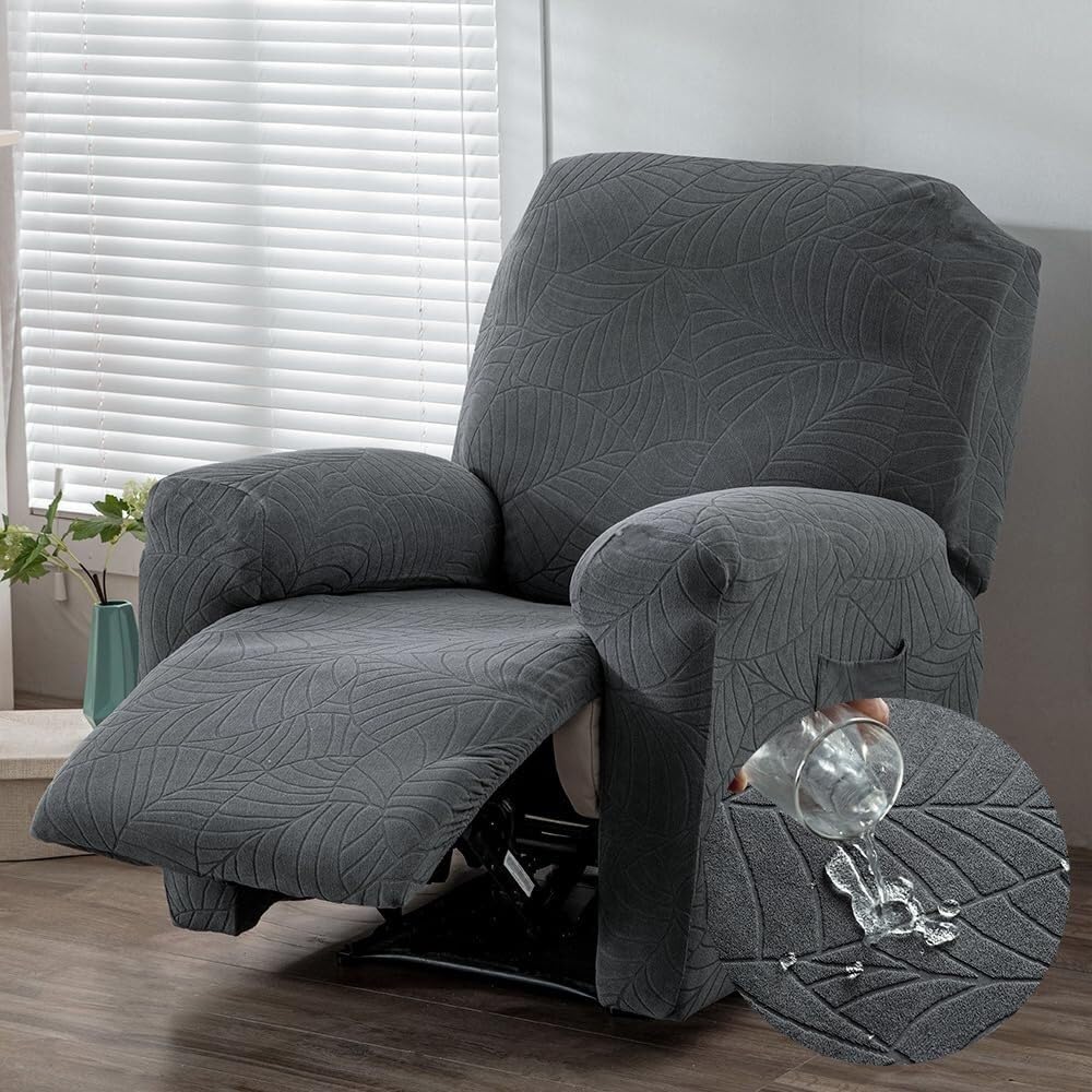 Xiao Ren Dark Gray Waterproof Jacquard Recliner Chair Covers, Stretch Electric Reclining Cover 4 Pieces With Side Pockets, Thick Non-Slip Armchair Covers For Living Room, Seperately-Clean(Dark Gray)