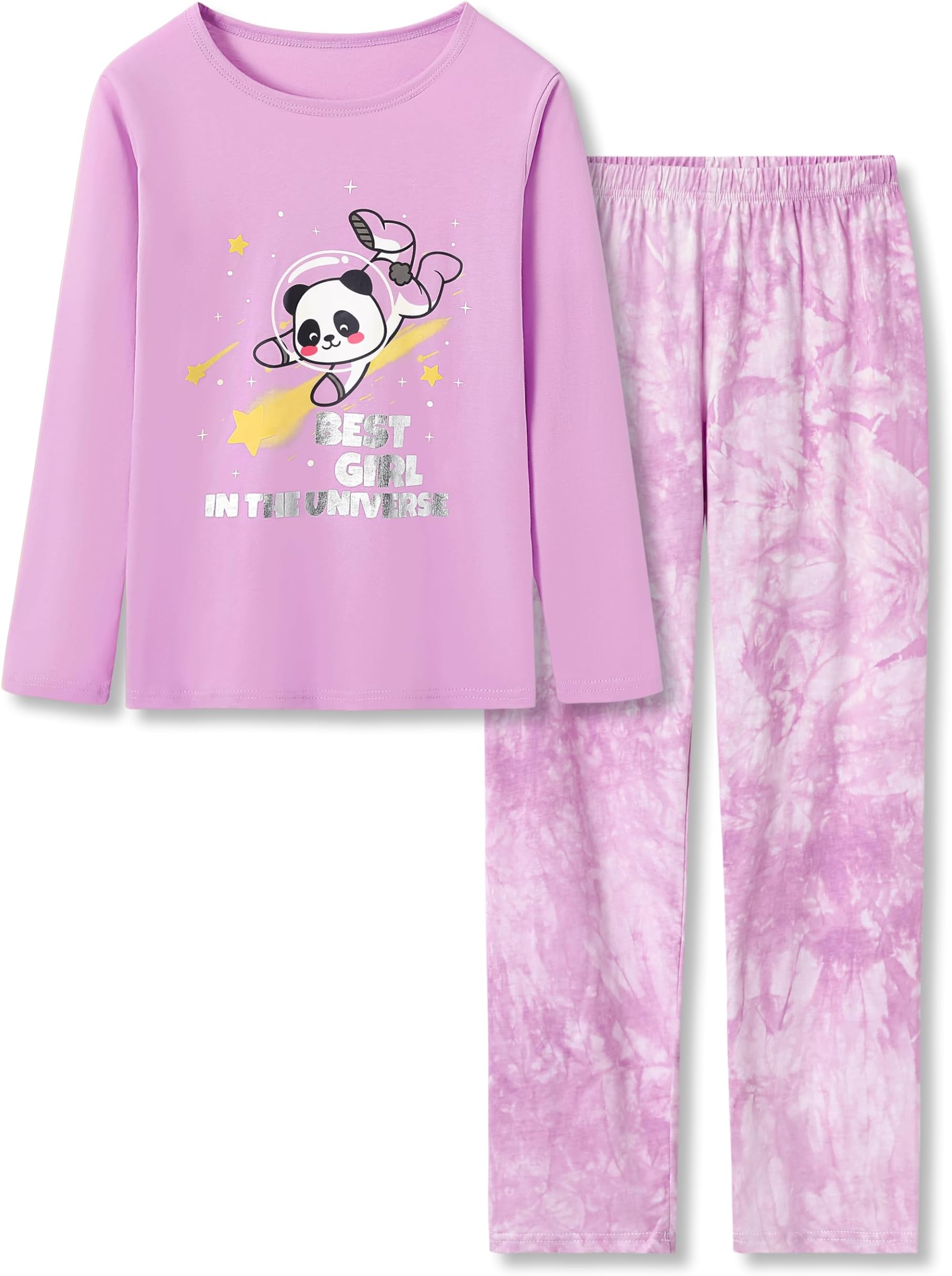 TebbisTie Dye Astronaut Panda Pajamas for Girls 100% Cotton Purple Soft Long Sleeves & Pants PJ Jammies Set Size 4T-18