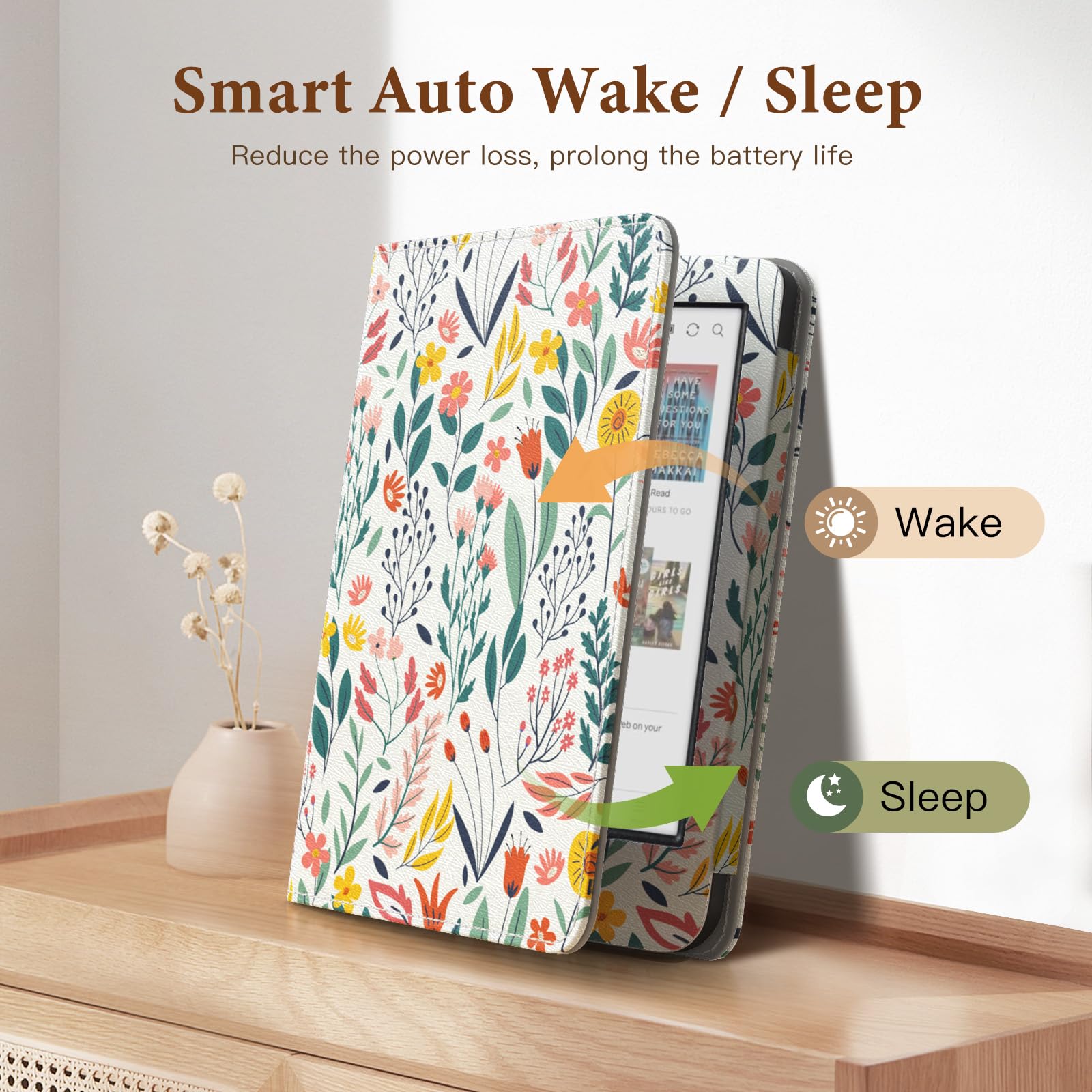 MoKo Étui pour Tolino Shine Color/Shine 5(2024)/4(2022) et Kobo Clara Colour/BW/2E 6", Coque Fine en PU avec Mise en Veille/Réveil Auto, Emplacement pour Carte, Dragonne et Support Pliable, Fleur