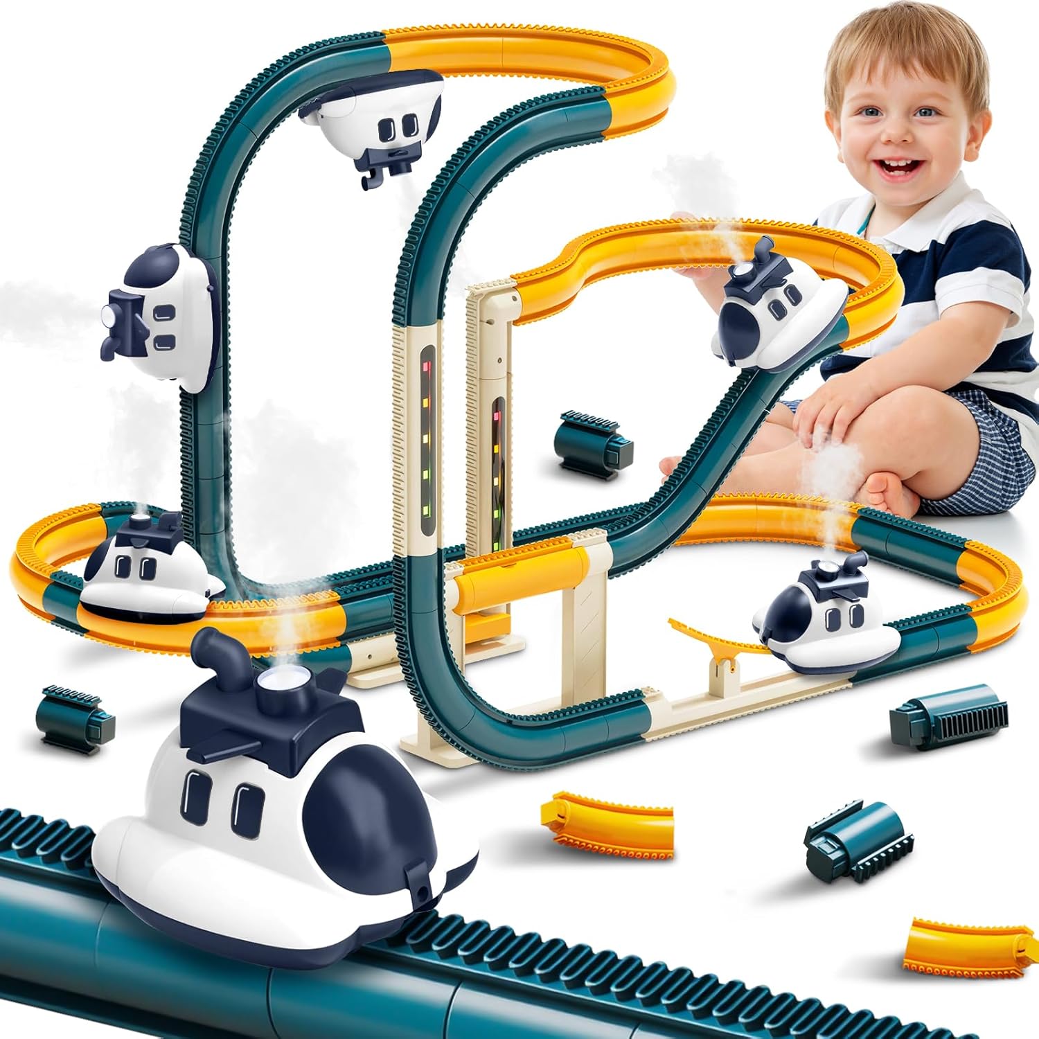 Electric Race Track Car Toy, DIY Flexible Steam Aircraft Track for Toddlers with Smokes & Lights, Kids Train Set Toys for 3 4 5 6 7 8 Year Old Boys Girls Christmas Birthday Party Gift, Large