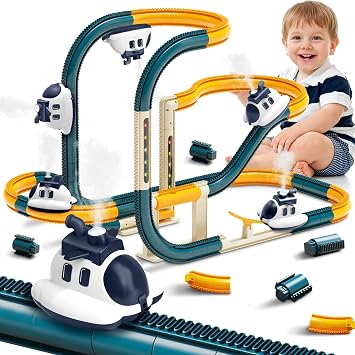Infowush Electric Race Track Car Toy, DIY Flexible Steam Aircraft Track for Toddlers with Smokes & Lights, Kids Train Set Toys for 3 4 5 6 7 8 Year Old Boys Girls Christmas Birthday Party Gift, Large