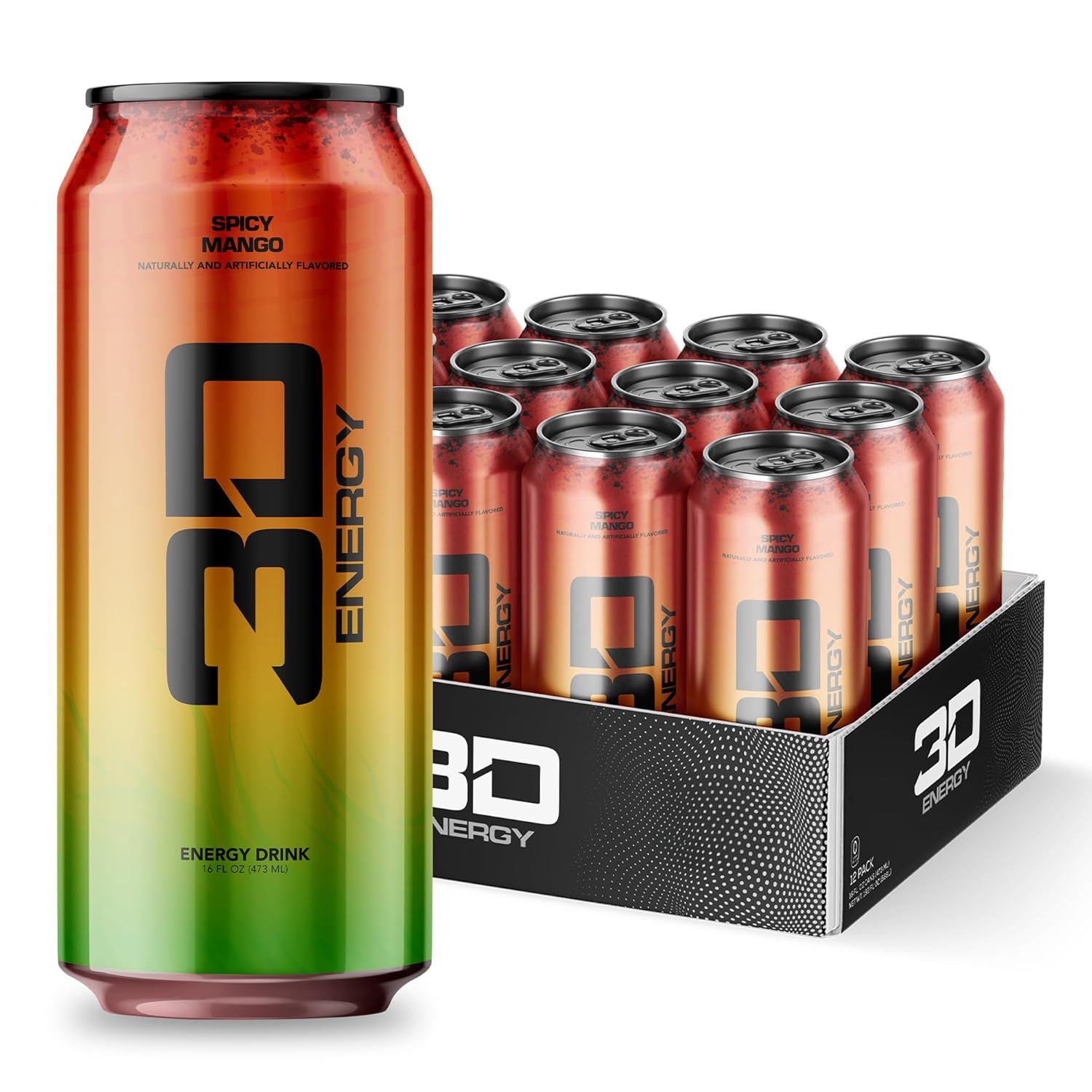 3D Sugar-Free Energy Drinks, Spicy Mango - Clean Energy Drink with 200mg Caffeine, Taurine & L-Carnitine - Pre Workout Fitness Drink for Gym, Exercise & Everyday Performance