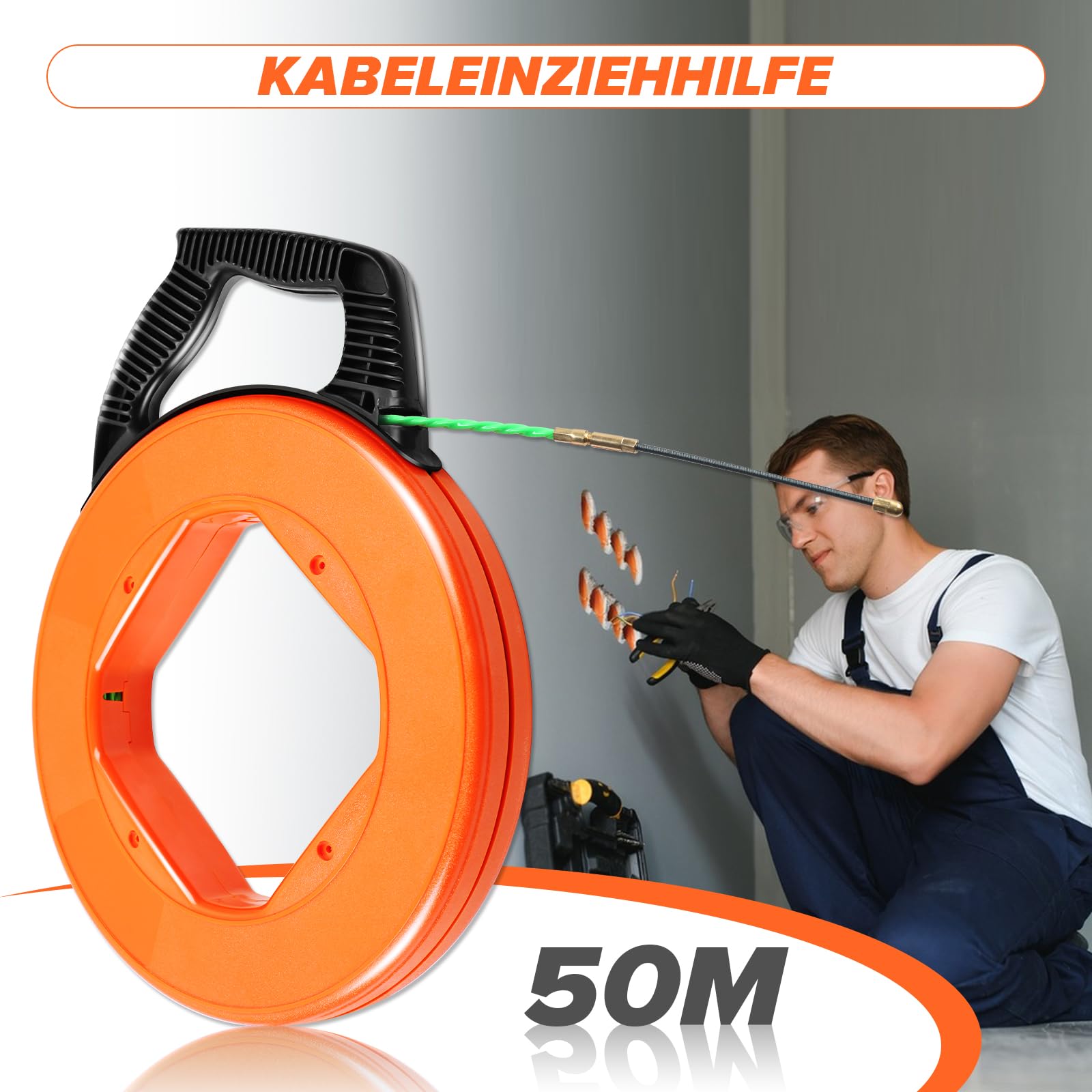 Kabeleinziehband 50 Meter 4,5mm Mit 7 FüHrungs federn Fiberglas Kabel Bandspulen Reel Puller Abziehvorrichtung Glasfaser Kabeleinziehgerät Kabel Werkzeug Elektriker Werkzeuge