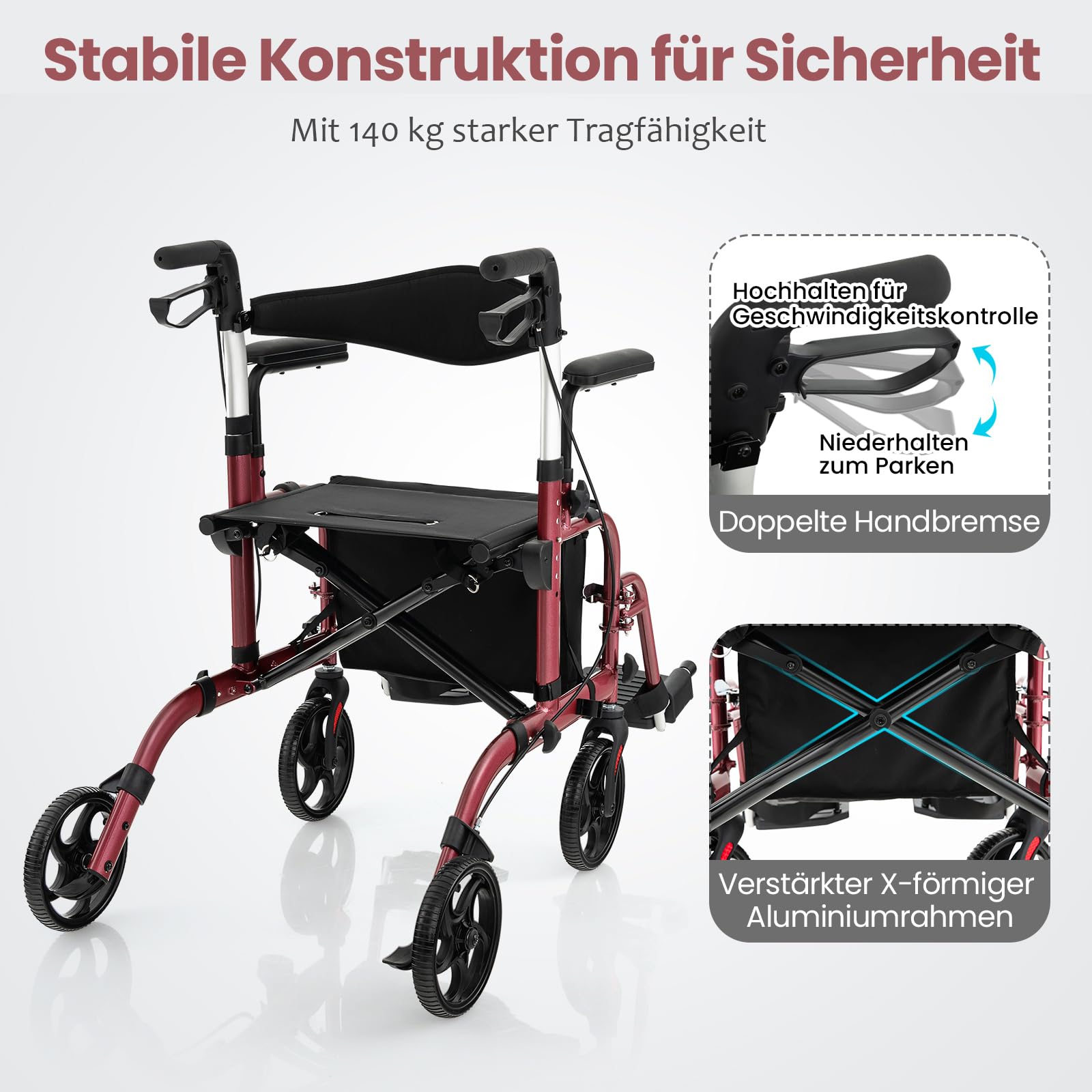 RELAX4LIFE Andador 2 en 1 plegable y ligero con asiento, 6 alturas ajustables para personas mayores, silla de ruedas de aluminio con reposapiés y bolsa, frenos dobles y soporte para bastones, hasta