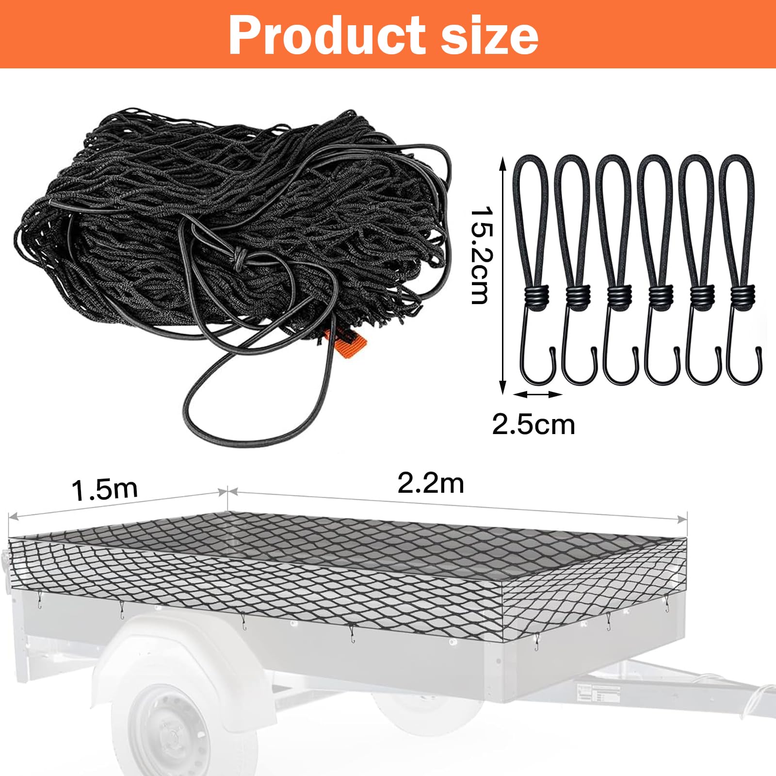 Filet Remorque, 1,5 x 2,2 m Extensible Filet de remorque élastique Noir, avec Crochets et Boutons de Fixation, Maille Fine pour Sécuriser le Chargement