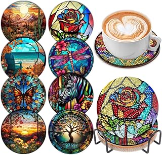 8 Pcs Diamond Art Painting Coasters with Holder, DIY Colorful Glass Stain Diamond Art Painting Kits for Beginners, Diamond Craft Supplies for Adults Kids Coasters Gift