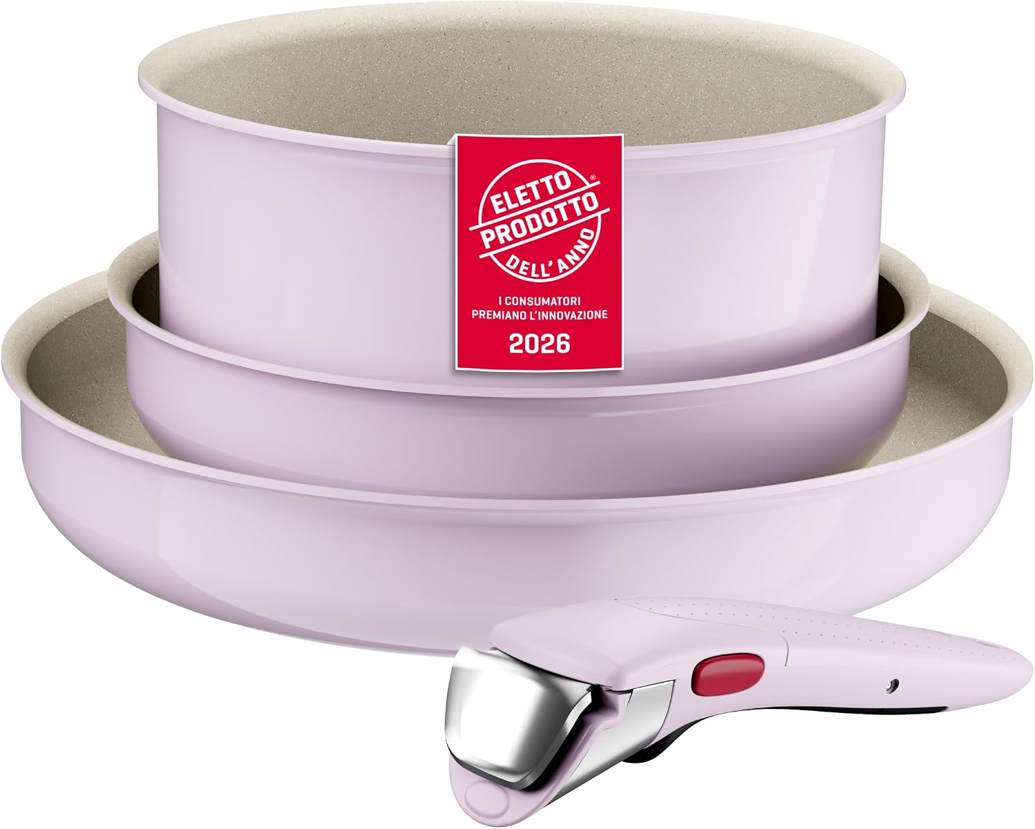 Lagostina Ingenio Pastel, Set di Padelle Antiaderenti 4 Pezzi con Manico Rimovibile, Compatibili con Induzione e Forno, Design Salvaspazio, Colore Rosa