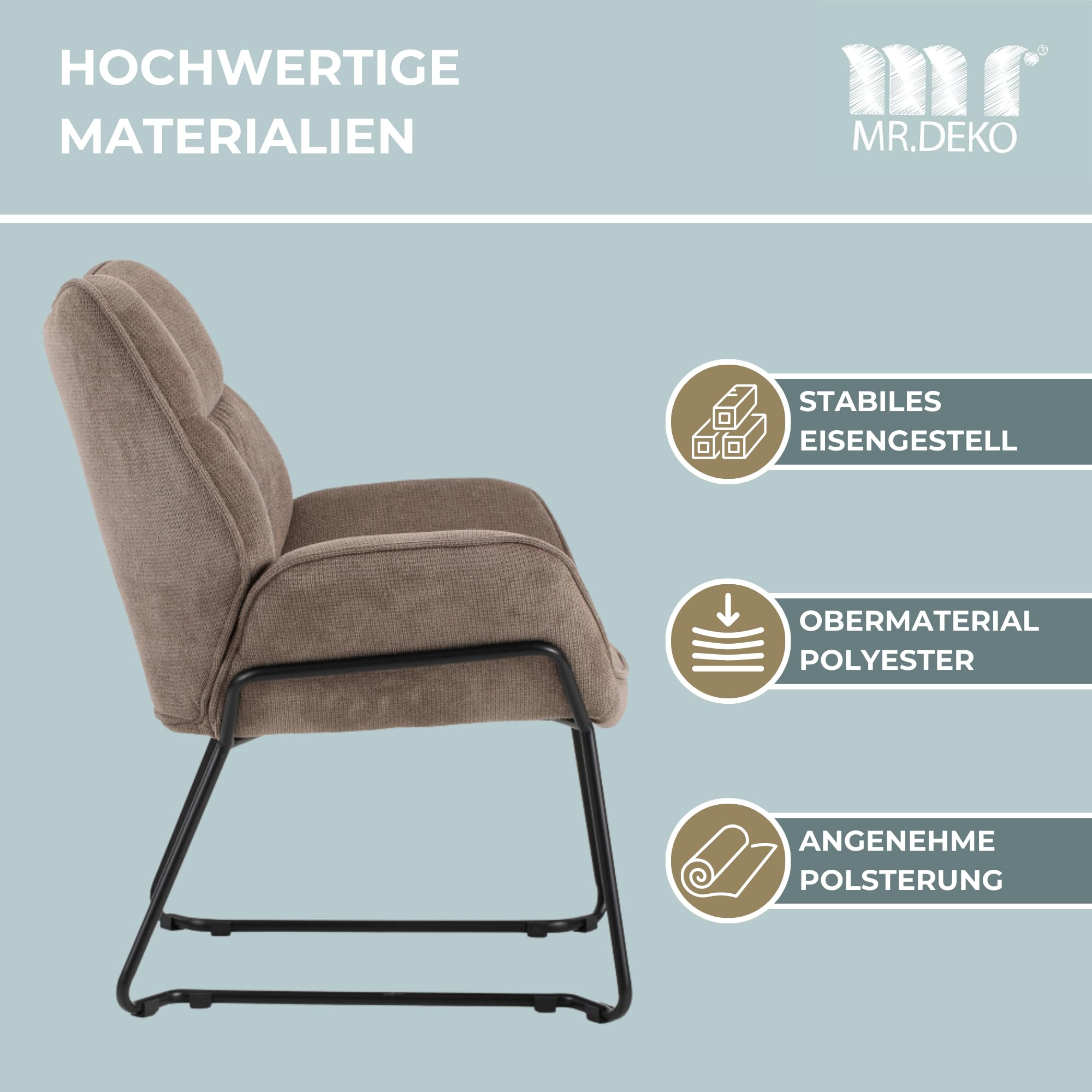 MR. DEKO® Loungesessel Aliano Braun I Bequemer Polstersessel aus Stoff I Moderner Wohnzimmer Sessel mit Armlehnen I HxBxT 76x73,5x67 cm