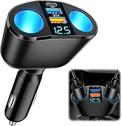 120W Car Cigarette Lighter Adapter, Dual USB QC3.0 & PD 12V/24V Multi Socket Car USB Charger Splitter Double Cigarette Lighter with LED Voltmeter Fast Charging for Phones GPS Dashcam Vehicle Devices
