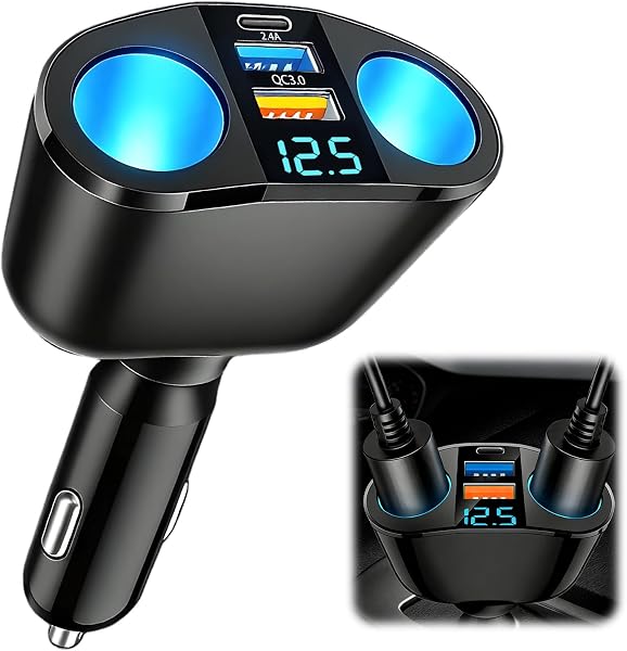 120W Car Cigarette Lighter Adapter, Dual USB QC3.0 & PD 12V/24V Multi Socket Car USB Charger Splitter Double Cigarette Lighter with LED Voltmeter Fast Charging for Phones GPS Dashcam Vehicle Devices - 1