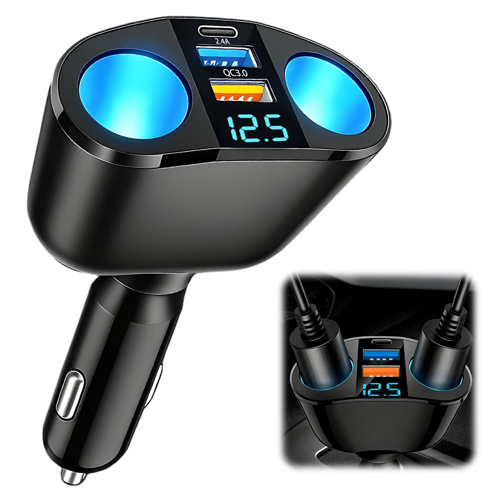 120W Car Cigarette Lighter Adapter, Dual USB QC3.0 & PD 12V/24V Multi Socket Car USB Charger Splitter Double Cigarette Lighter with LED Voltmeter Fast Charging for Phones GPS Dashcam Vehicle Devices
