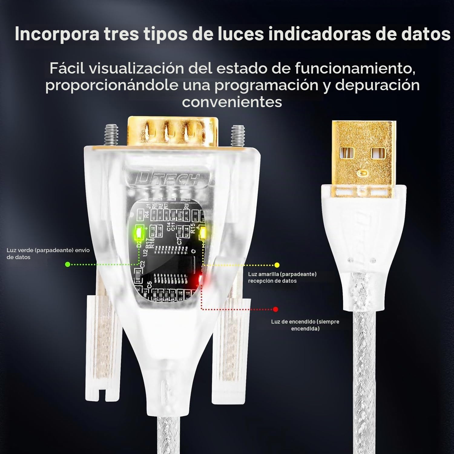 DTECH Adaptador USB a Serie Chip FTDI DB9 9 pines RS232 a USB Cable Chipset FT231 compatible con Windows 11 10 8 7 XP Mac OS Linux Detección de datos (0,5m)