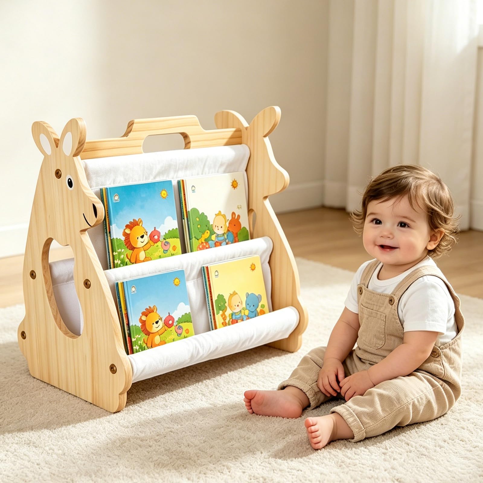 Clickovia Kids Bookshelf, Wooden Double-Sided Kids Bookcase with Canvas Storage, Montessori Style Book Organiser Children's Bookcase For Nursery, Bedroom, Playroom