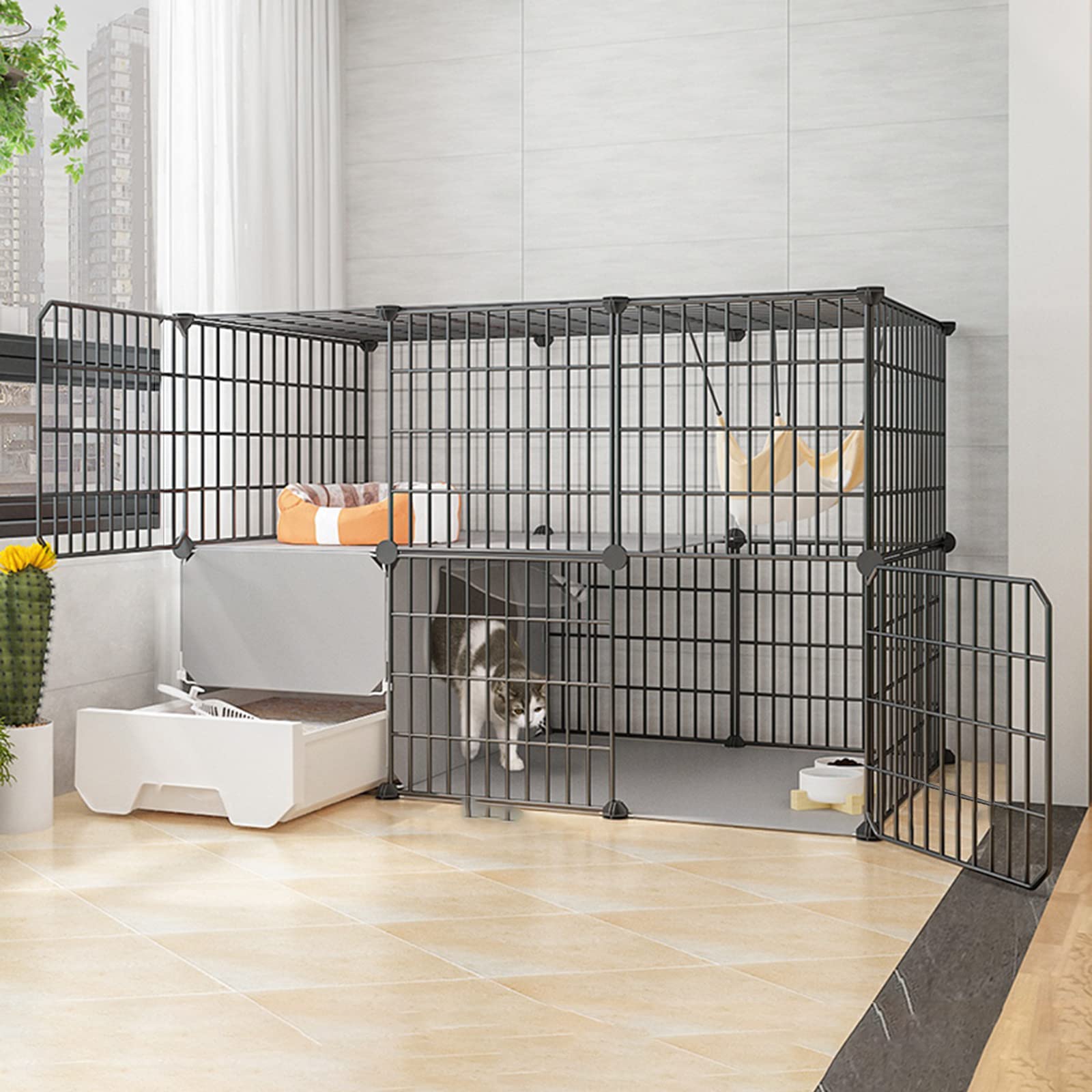 asdchZen Cages For Cats For Inside House,Cat Cage With Litter Box,Wire Cat Cage,Collapsible Cat Cage,Easy To Assemble - Black/Yellow,Black,A,111 * 49 * 73Cm,2