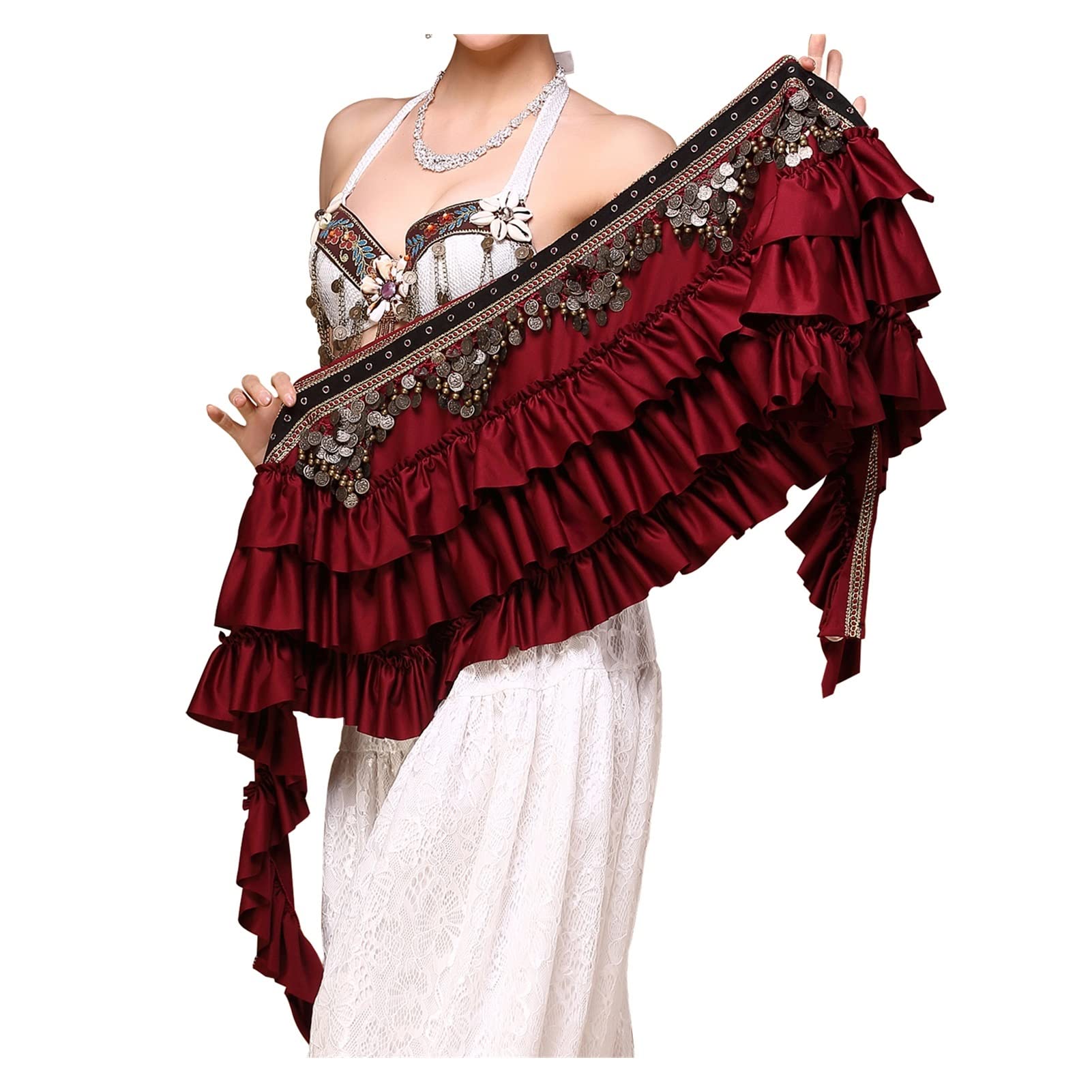 Sciarpa di Danza del Ventre, Cintura con Frange, Monete retrò, Cintura for Danza del Ventre(Dark Red)