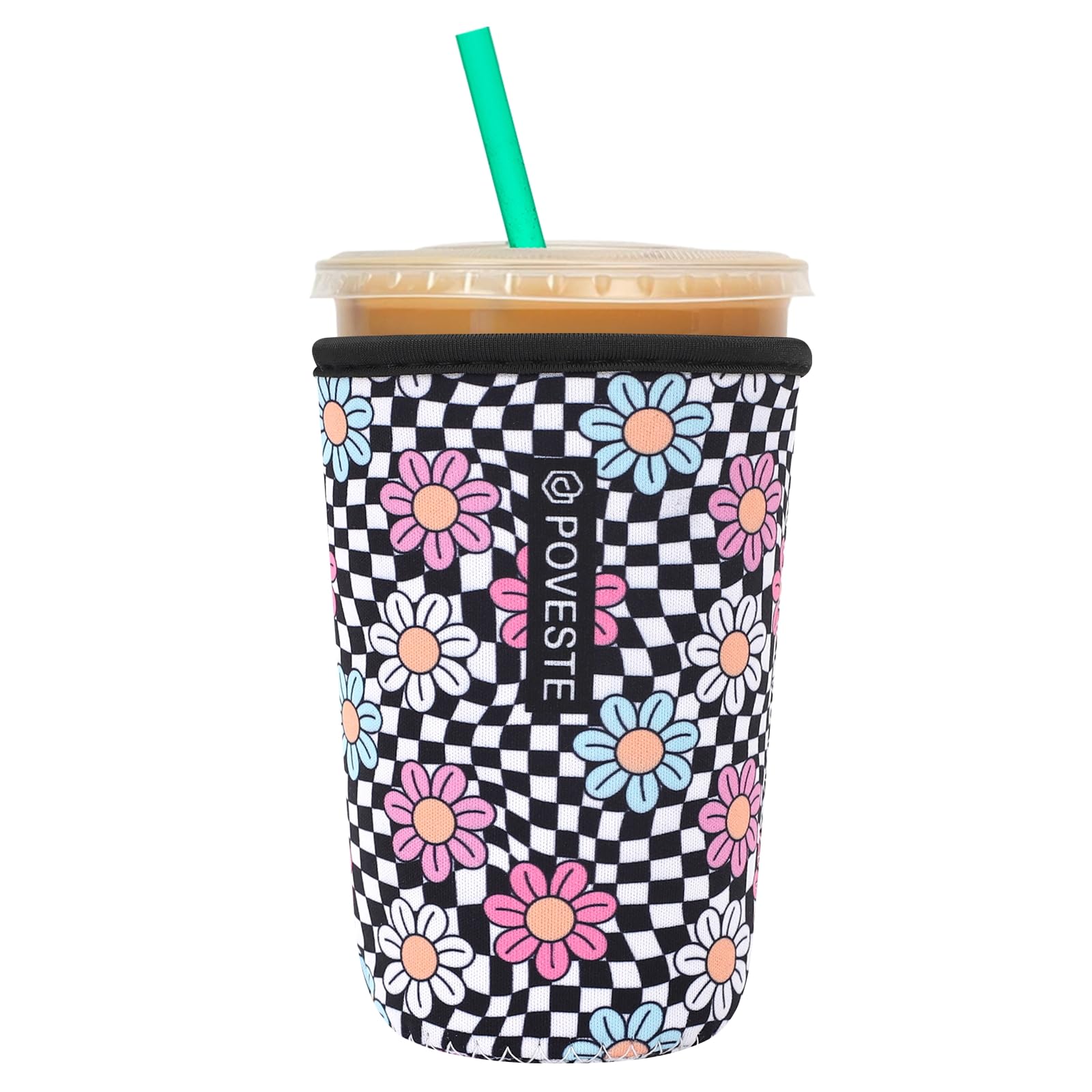 Reusable Neoprene Insulator Sleeve for Iced Coffee &amp; Cold Soda, Coffee Sleeves for Iced &amp; Hot Drinks, Cold Beverage Cooler Compatible with Starbucks, Dunkin (Checkerboard&amp;Daisy, Medium: 22-24oz)