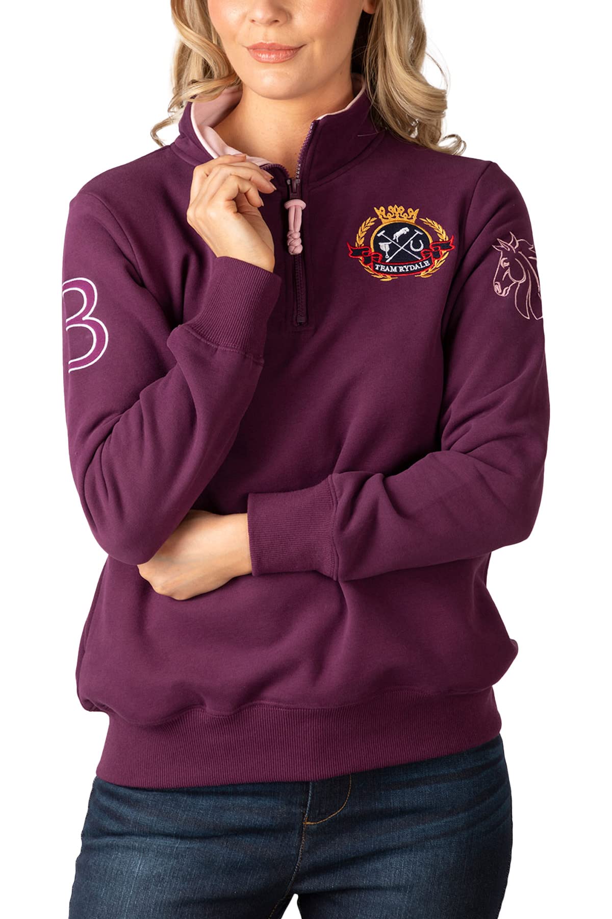 Rydale Ladies Overhead Sweatshirt Women's Sweatshirts Jumper Pull On Sweater Quarter Zip Top (as8, numeric, numeric_14, regular, regular, Emblem Damson/Sorbet)