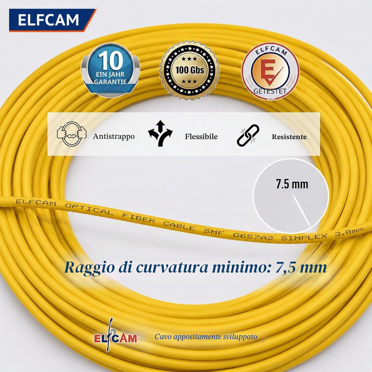 Elfcam - 10m Cavo Fibra Ottica SC/APC per SC/APC Simplex Monomodale 9/125μm LSZH, Giallo per TIM, Vodafone, WindTre, Fastweb, Iliad