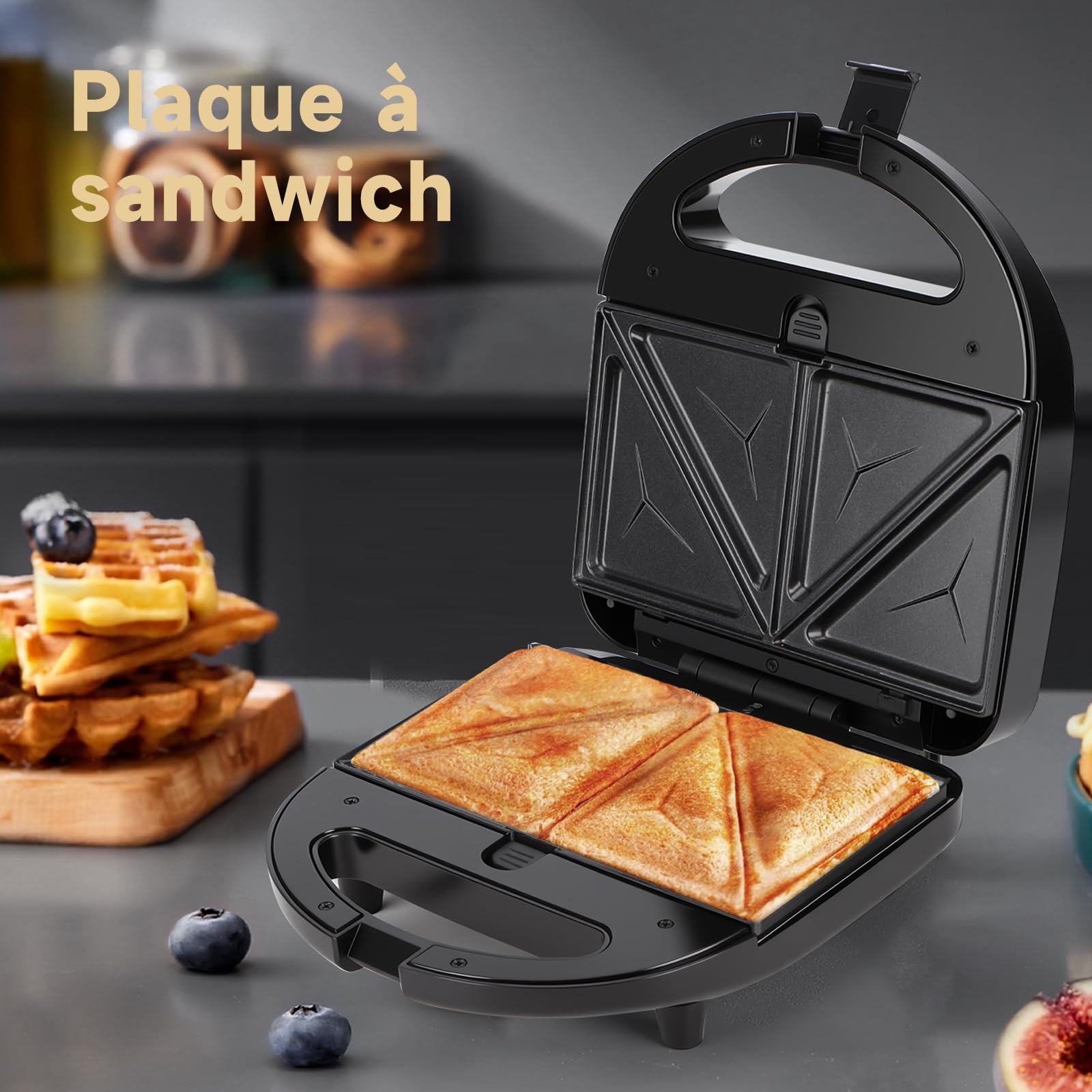 Aigostar gaufrier 3 en 1 : Presse à Paninis et appareil à sandwichs avec 3 Plaques Antiadhésives et Interchangeables, Thermostat Automatique, Grande puissance de 750W