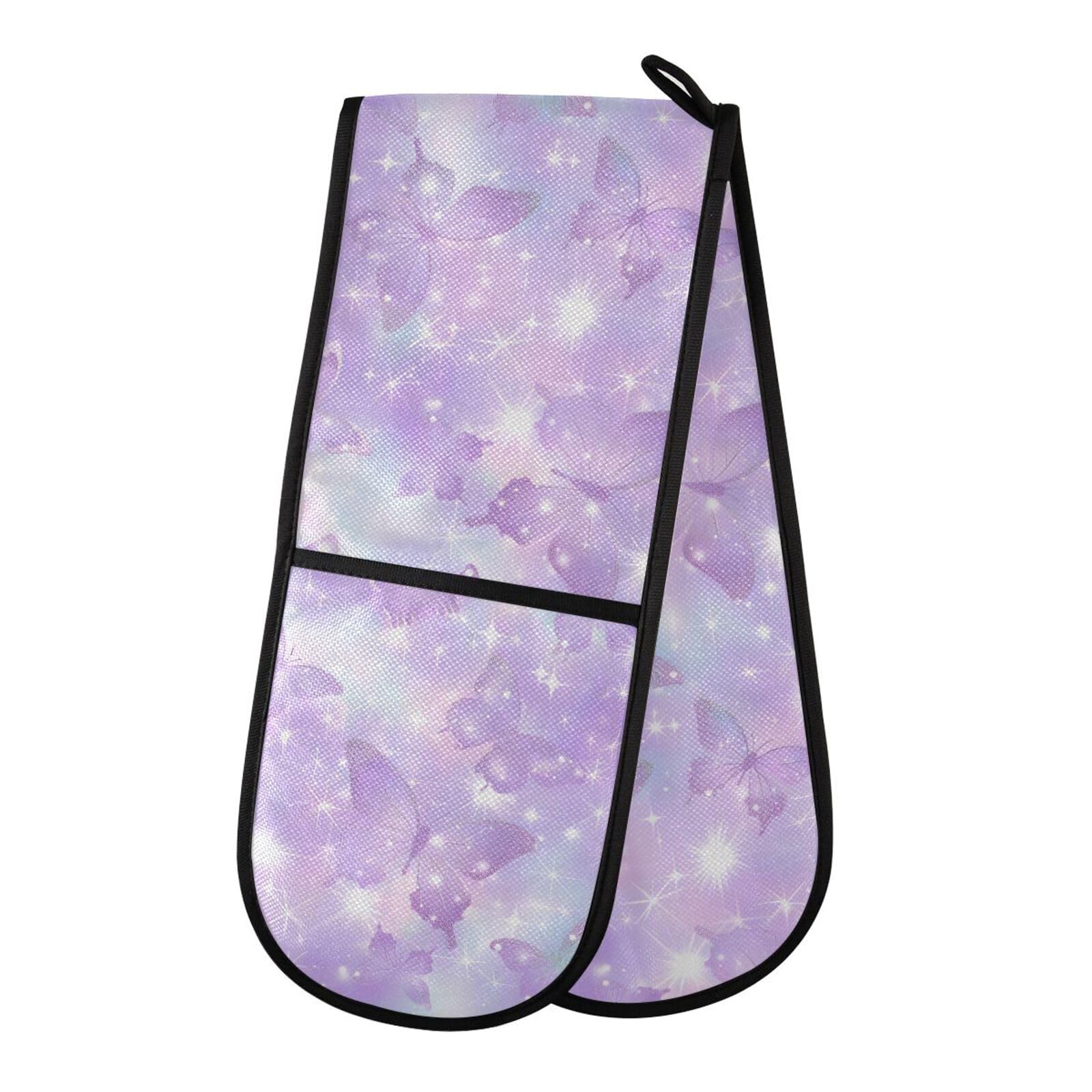 Oven Gloves Double Oven Gloves Shiny Glitter Purple Butterflies Oven Mitts Pot Holder Heat Resistant Quilted for BBQ Baking Kitchen Cooking Gloves
