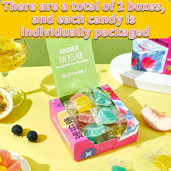 SntCrave Gem Crystal Candy 2 Boxes | Fruit Flavoured Hard Candy with Soft Center | Handmade Japanese-Style Kohakutou | Crispy Shell, Chewy Centre (Strawberry, Mango, Lemon) 32g x 2