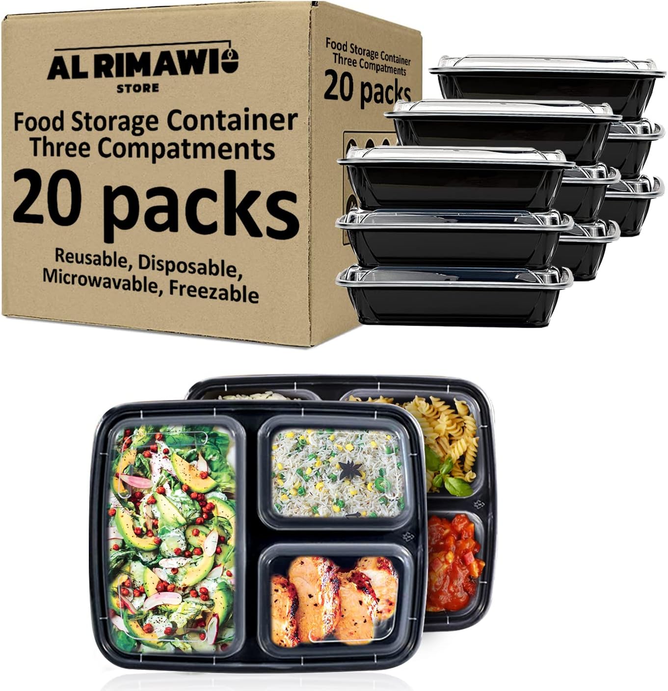 Al Rimawi™ 20 Packs of Meal Prep Food Storage Containers Bento Box – Three Compartments | Plastic Food Storage Containers with Lids| Reusable, Disposable, Microwavable, Freezable