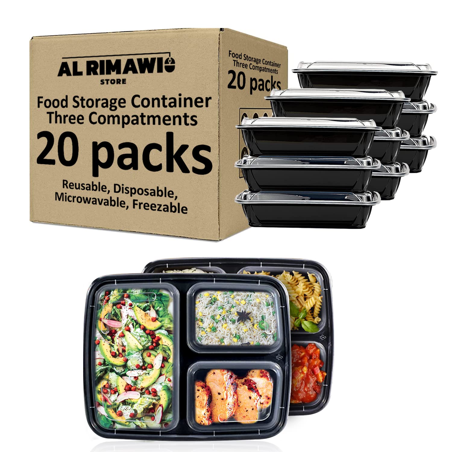 Al Rimawi™ 20 Packs of Meal Prep Food Storage Containers Bento Box – Three Compartments | Plastic Food Storage Containers with Lids| Reusable, Disposable, Microwavable, Freezable