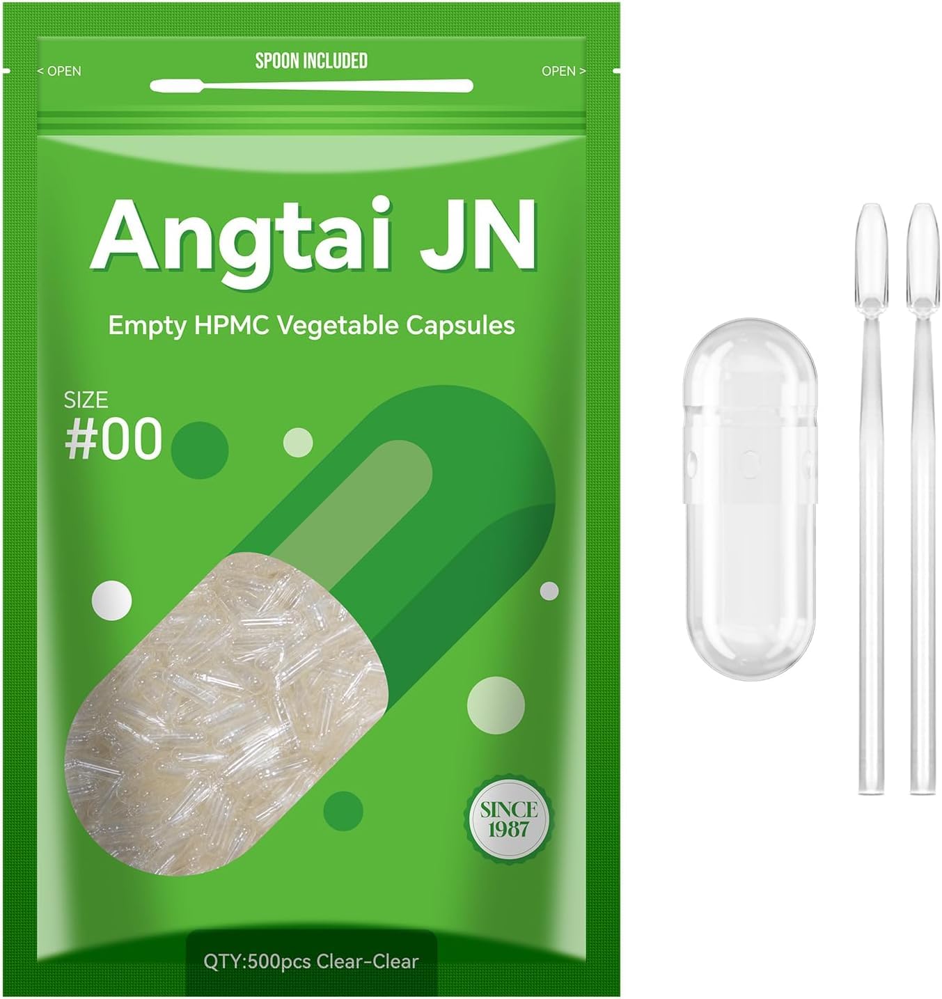 ANGTAI JN Empty Capsules Size 00, 500 Count DIY Clear Vegetarian and Vegan Pill Empty Capsules,with Capsules Filling Kit,Kosher,ISO9001,Gluten Free, Halal Certified,Non-GMO Certified