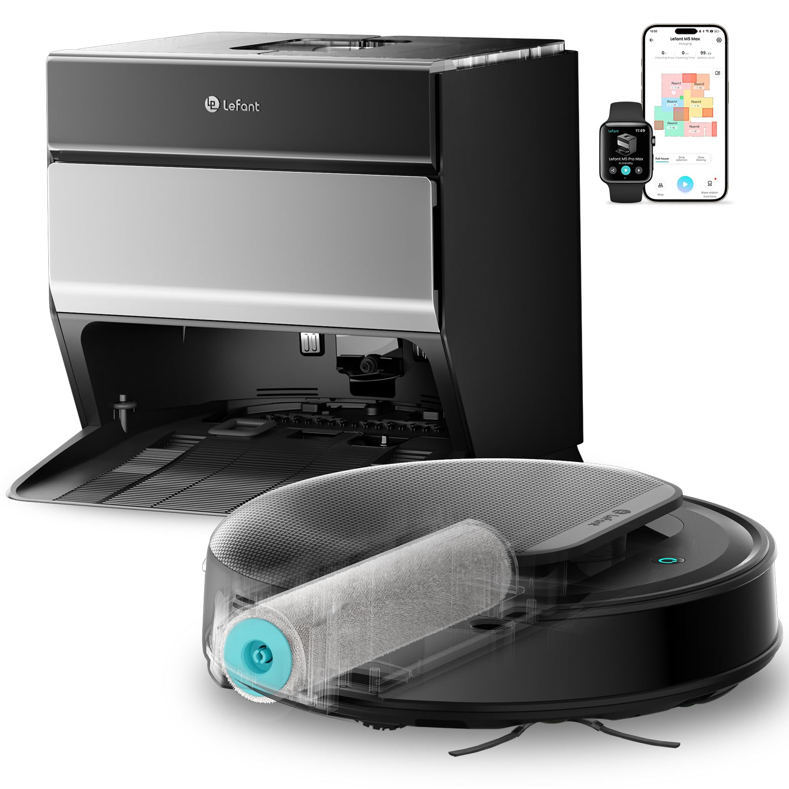 Lefant M5 MAX Robot Aspirador y Fregasuelos con Base de Autovaciado, 23000 Pa, 120 Días Autolimpieza, Autovaciado 3,2L, Lavado 75℃, Navegación Láser dToF, 2,4 y 5G WiFi/App/Alexa
