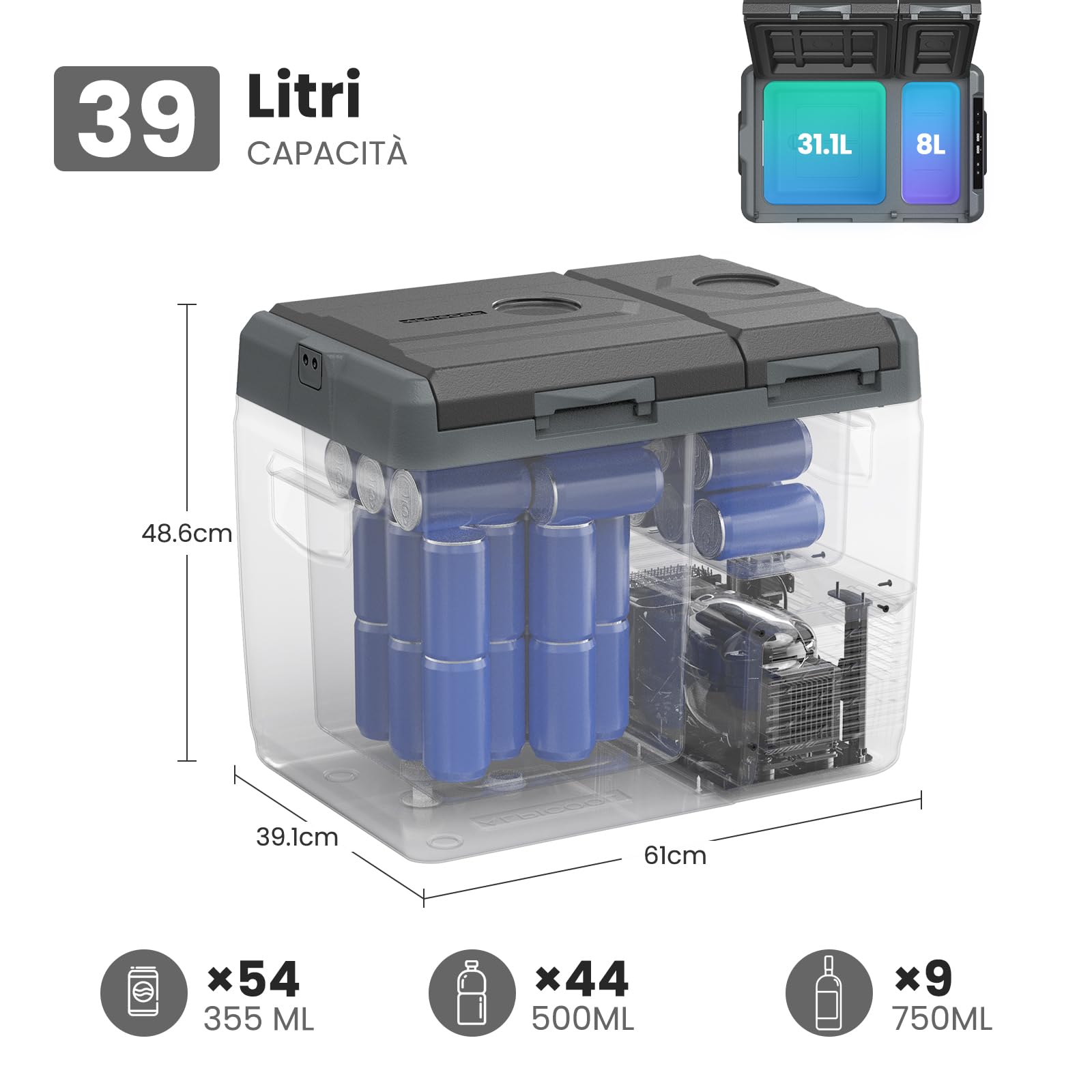 Alpicool KLS48 Frigoriferi per Auto 39L con APP, 2026 Doppia Zona Frigorifero Portatile Elettrico 12/24V DC 100~240V AC,-20℃-20 ℃,Frigo Portatile per Camion Barca Picnic,con Scomparto Ghiaccio,Nera