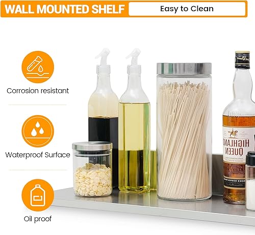 Miniatura 5 de Estante de pared de acero inoxidable de 8.6 x 24 pulgadas, 60 libras, 2 paquetes de estantes flotantes comerciales en forma de L para cocina,