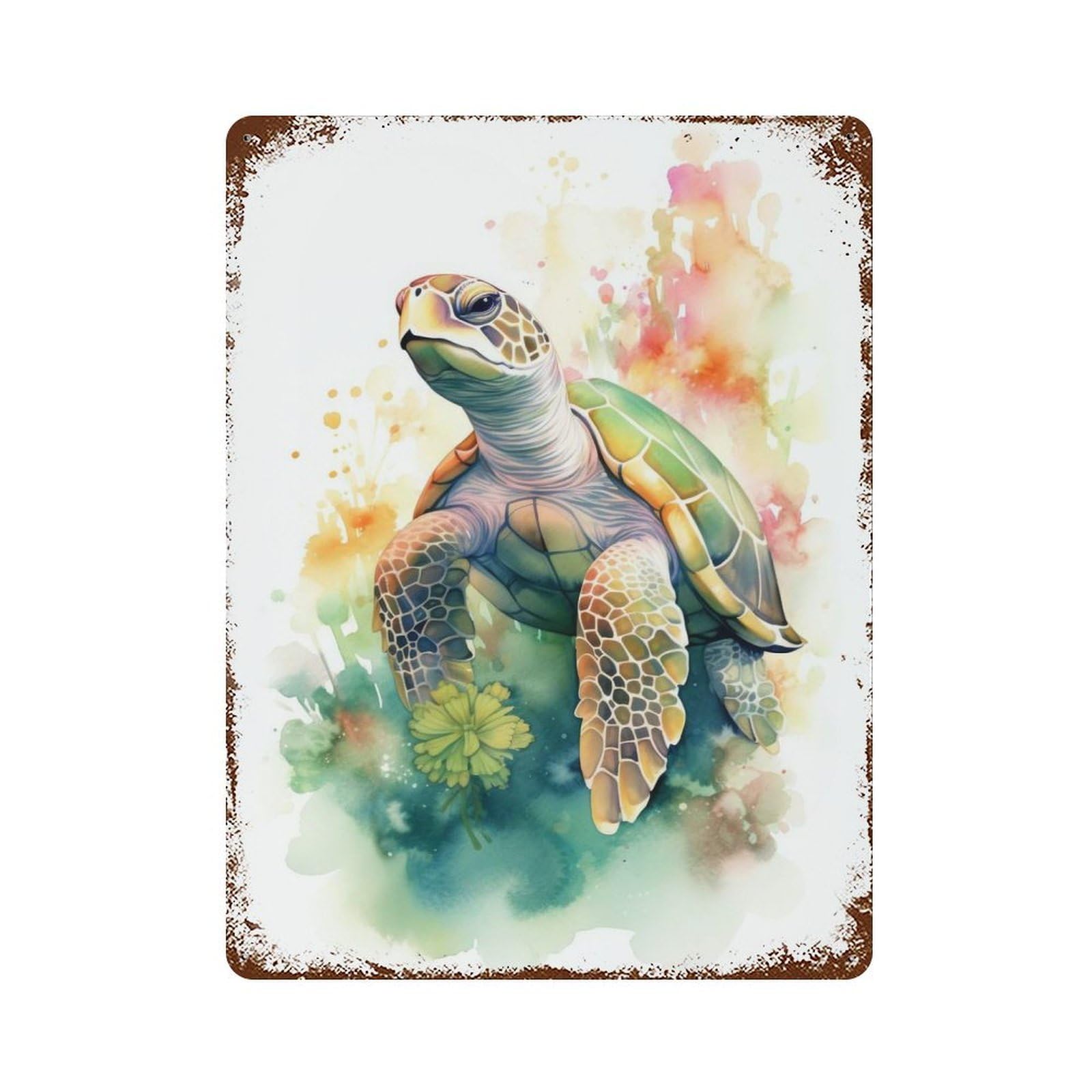 Garage Style Turtle Watercolor Weathered Tin Sign 15.7"x11.8", Classic Wall Plaque for Bar And Workshop