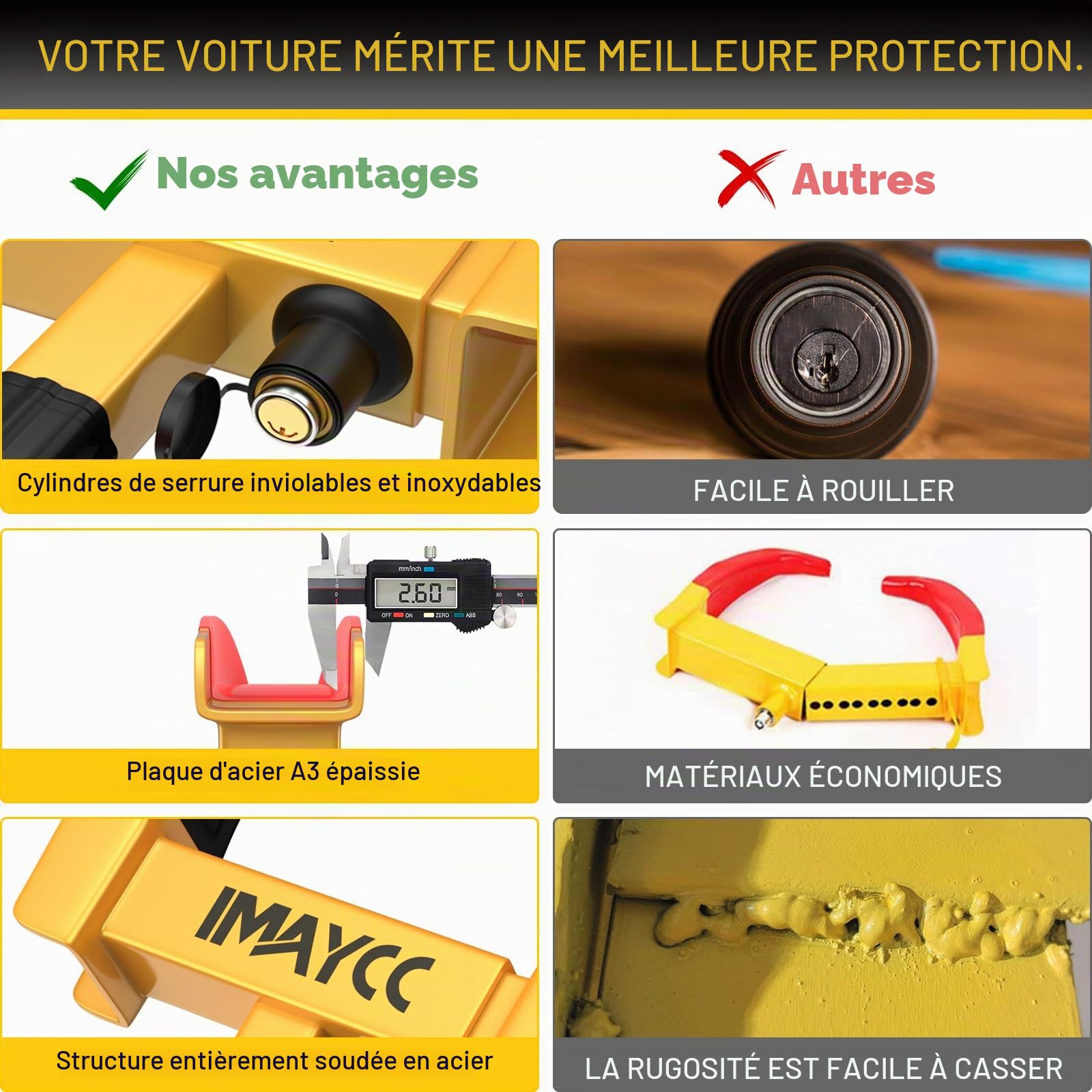 IMAYCC Sabot de roue antivol avec 10 trous de réglage et noyau en cuivre - Serrure de sécurité pour pneus de 19 à 32 cm de large - Pour caravane, camping-car