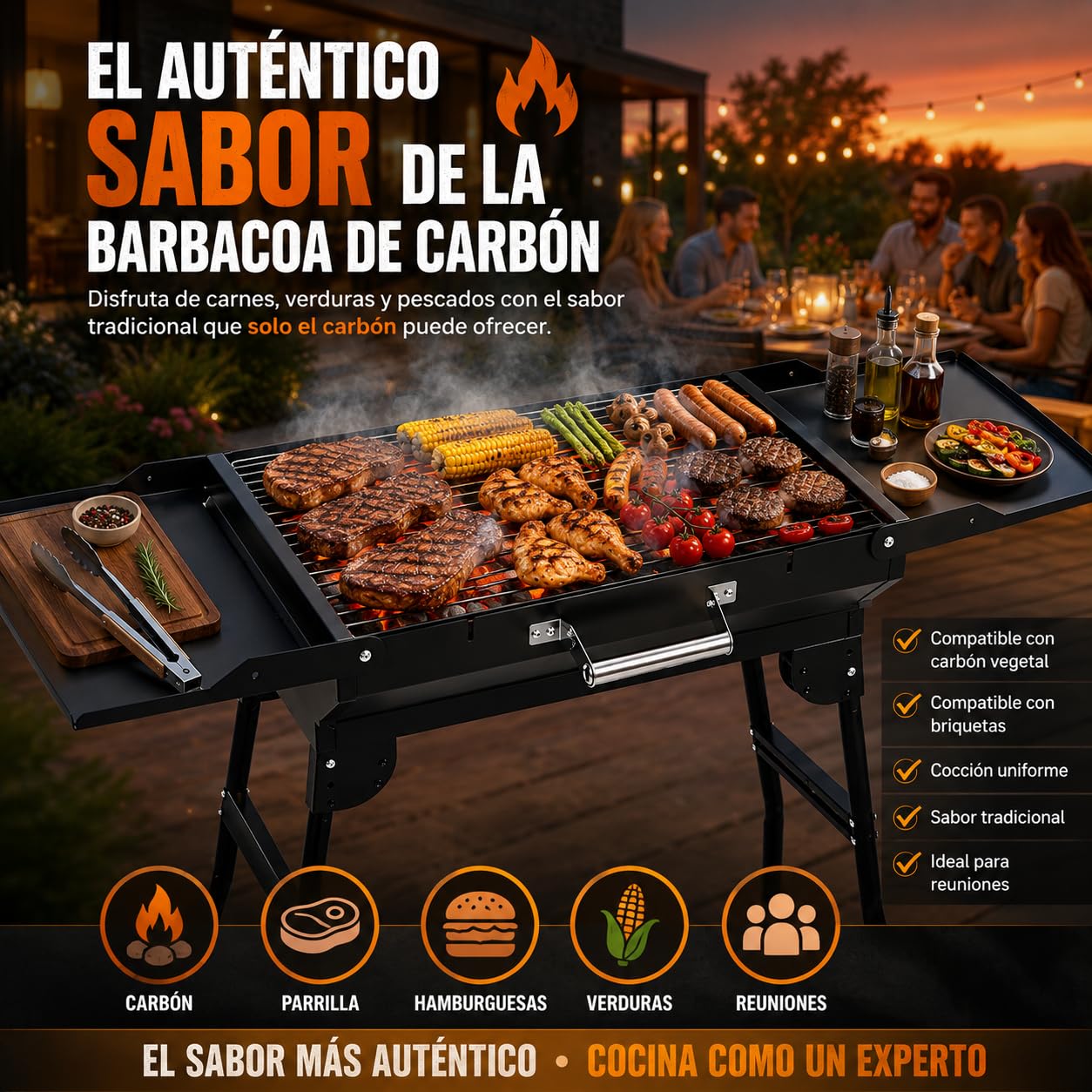 TIENDA EURASIA – Barbacoa de Carbón Plegable | Portátil con 4 Patas Plegables y 2 Bandejas Laterales Abatibles | Acero Esmaltado | Rejilla de Cocción Cromada | Negro | Carbón o Briquetas | 82x30x57 cm