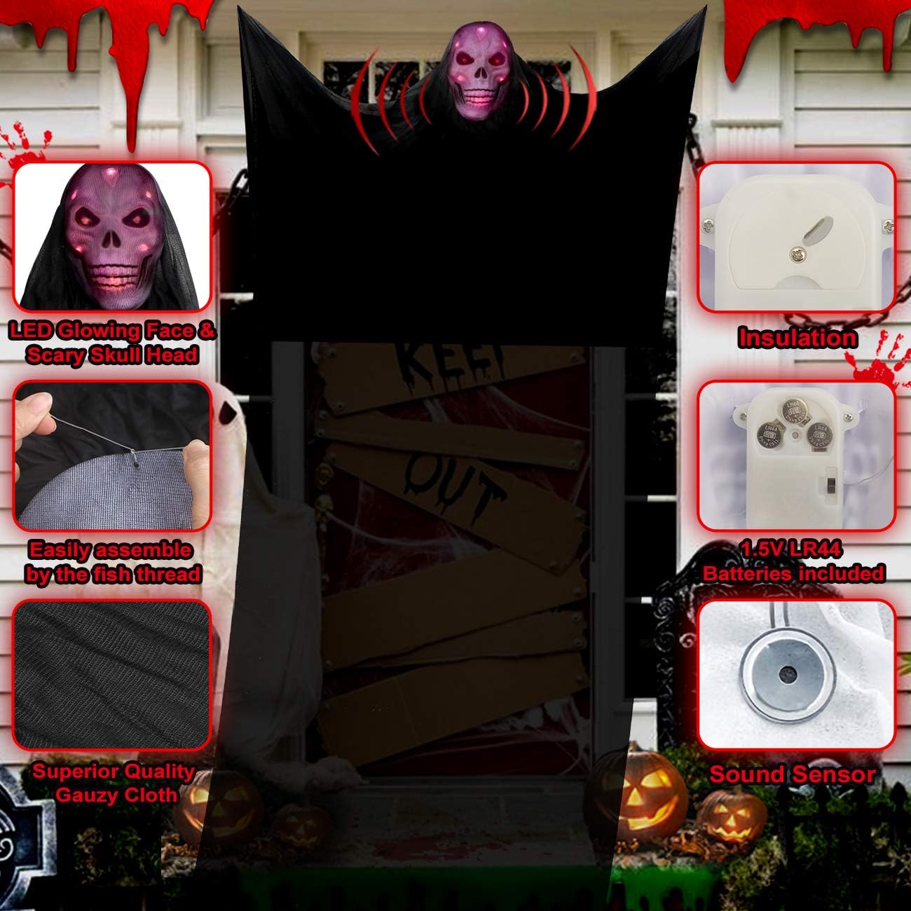 LUKAT Halloween Hanging Ghost Decorations, Halloween Hanging Decorations with Glowing Skeleton Mask & Scary Sounds Effects for Indoor/Outdoor Yard Decor