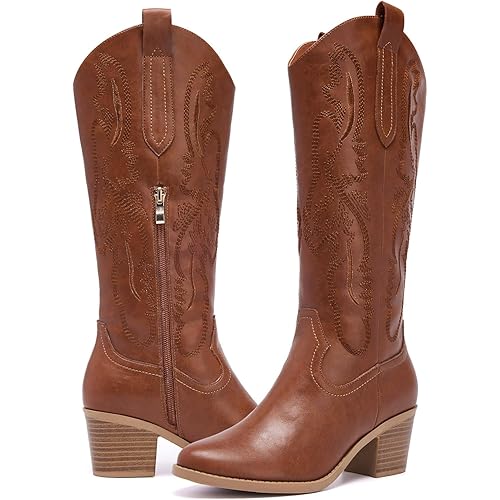 Women's Cowboy Boots Knee High with Side Zipper Wide Calf Cowgirl Boots Comfortable Western Classic Embroidered Pointy Toe Fashion Retro Classic Pull On Tall Boot Fall Winter