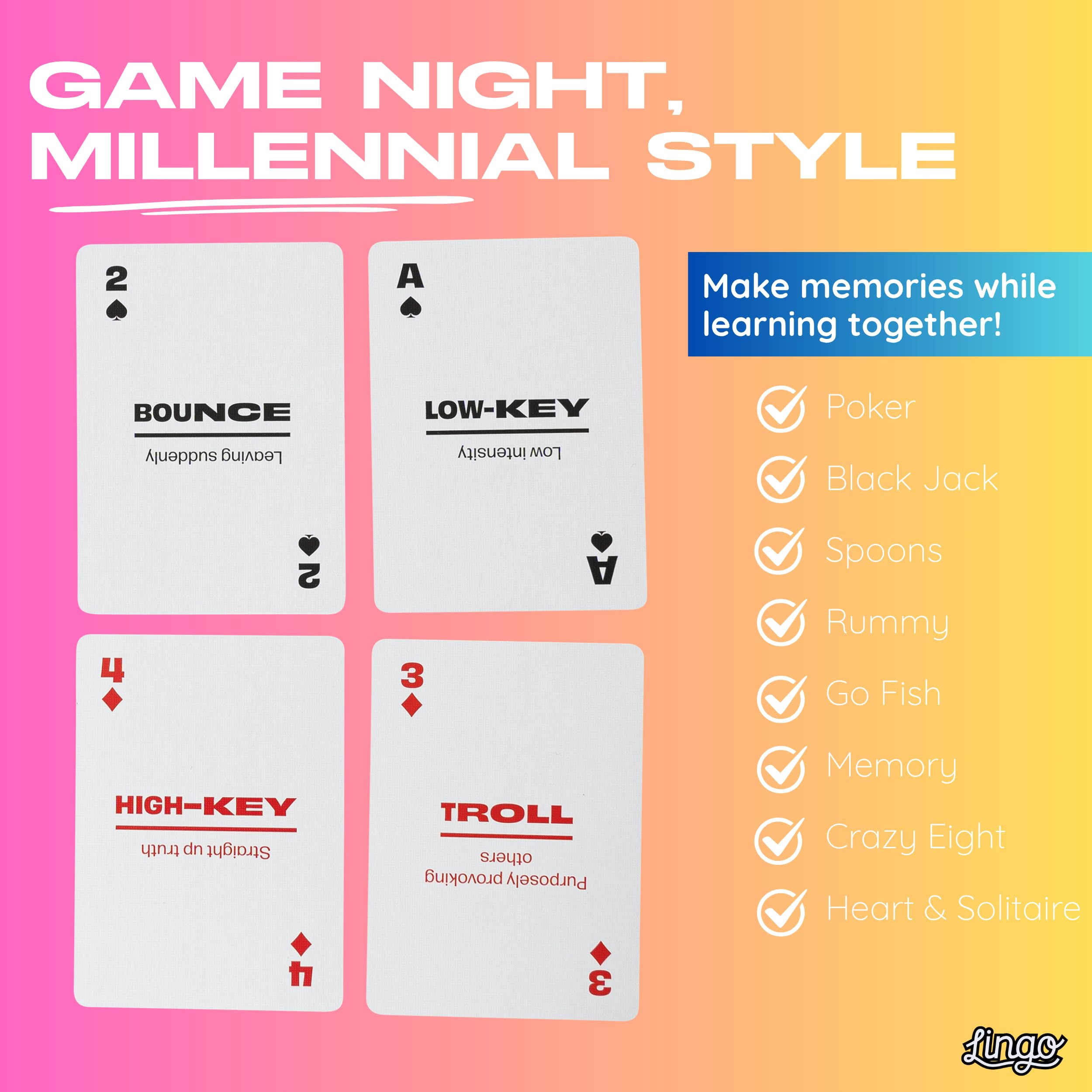 Amazon.co.jp: Lingo Millennial Slang トランプ プレイングカード 言語学習ゲームセット  楽しいビジュアルフラッシュカードデッキ 語彙と発音スキルを向上 54種類の便利なフレーズ : おもちゃ